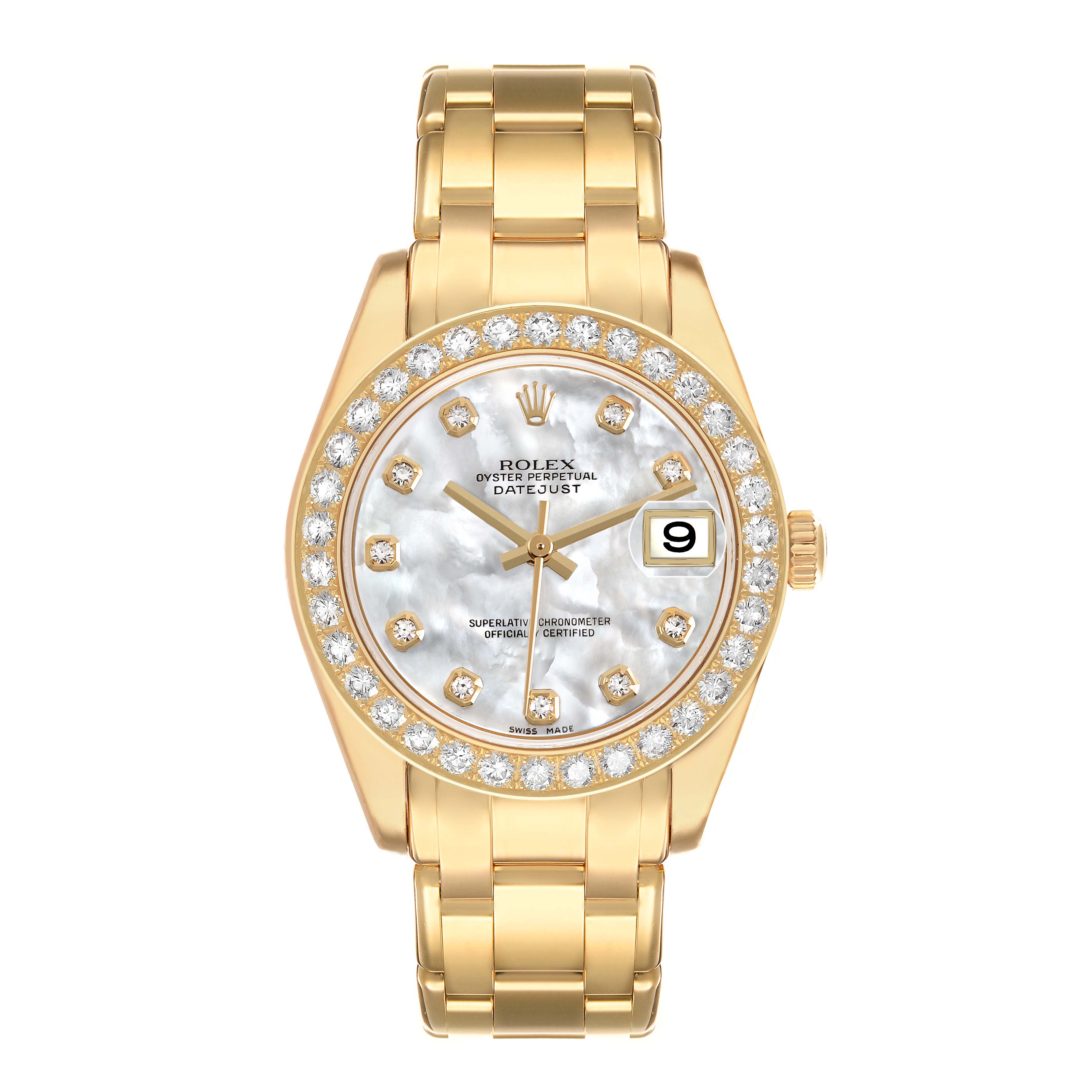 The Rolex Pearlmaster 81298 Women's Yellow Gold Mother of Pearl Dial watch is shown from the front, highlighting its dial, bezel, and bracelet.