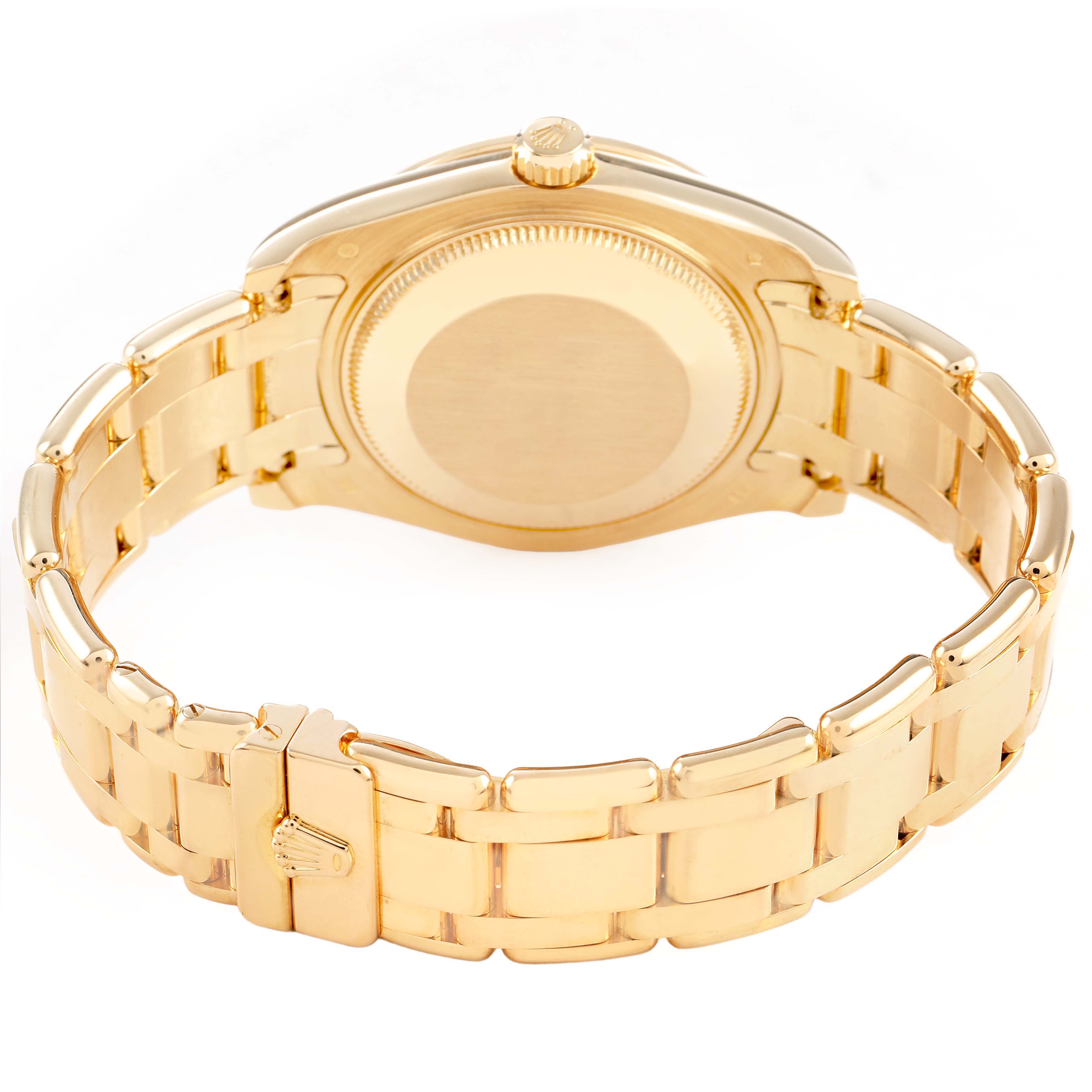 The Rolex Pearlmaster 81298 Women's Yellow Gold Mother of Pearl Dial watch is shown from the back, displaying its gold case, crown, and bracelet.