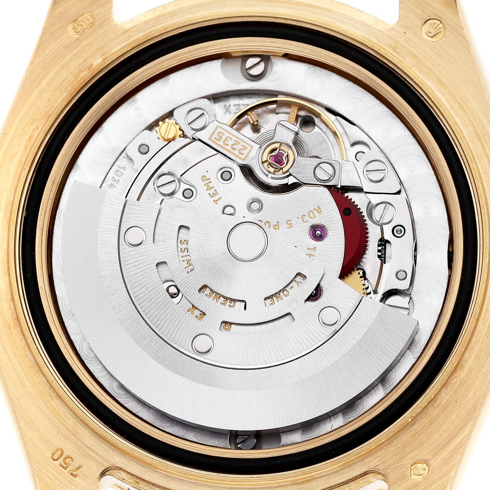 The image shows the movement of a Rolex Pearlmaster 81298 Women's Yellow Gold Mother of Pearl Dial watch from a rear angle, highlighting the rotor and inner mechanisms.