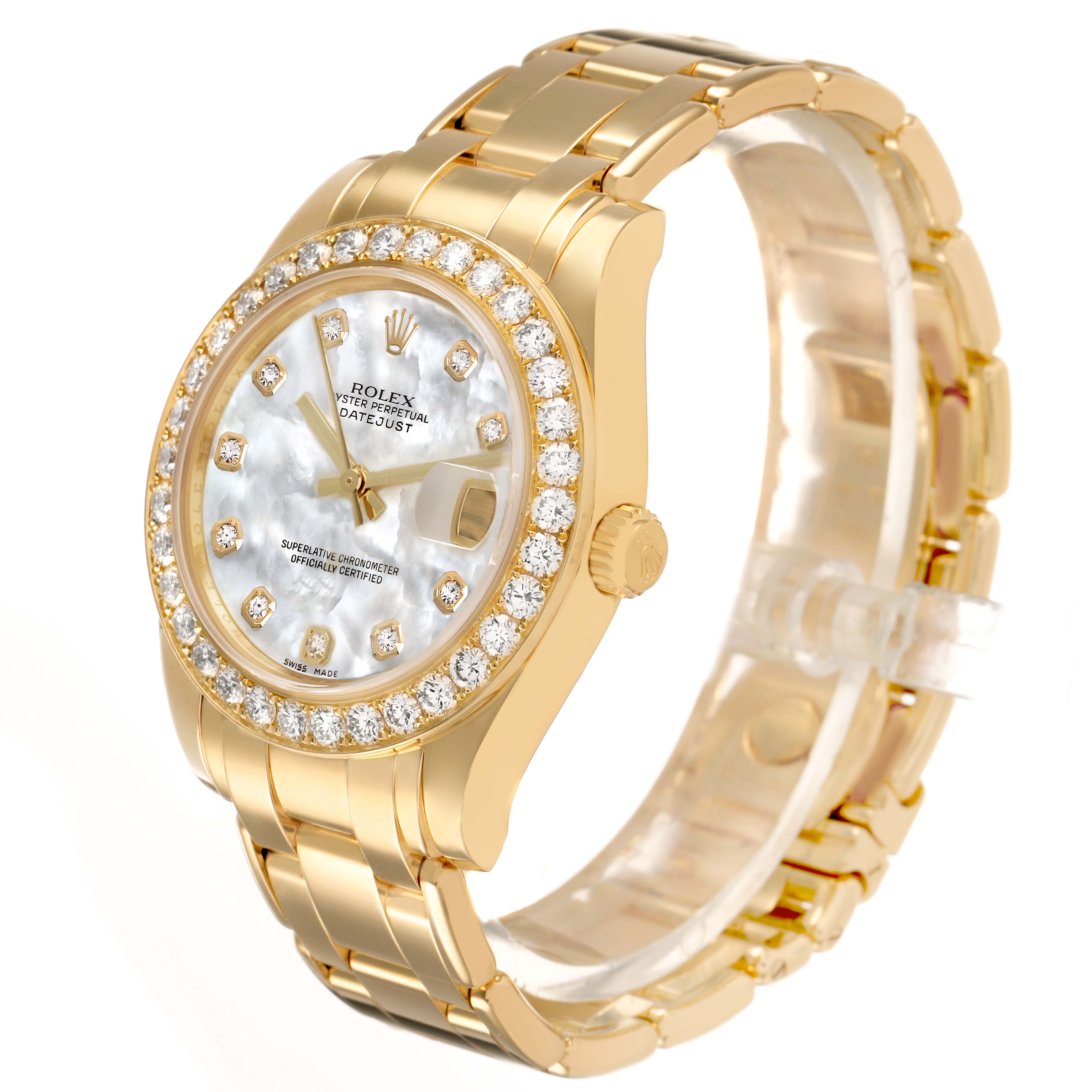 The Rolex Pearlmaster 81298 Women's Yellow Gold Mother of Pearl Dial watch is shown at a side angle highlighting the face, diamond bezel, and part of the bracelet.