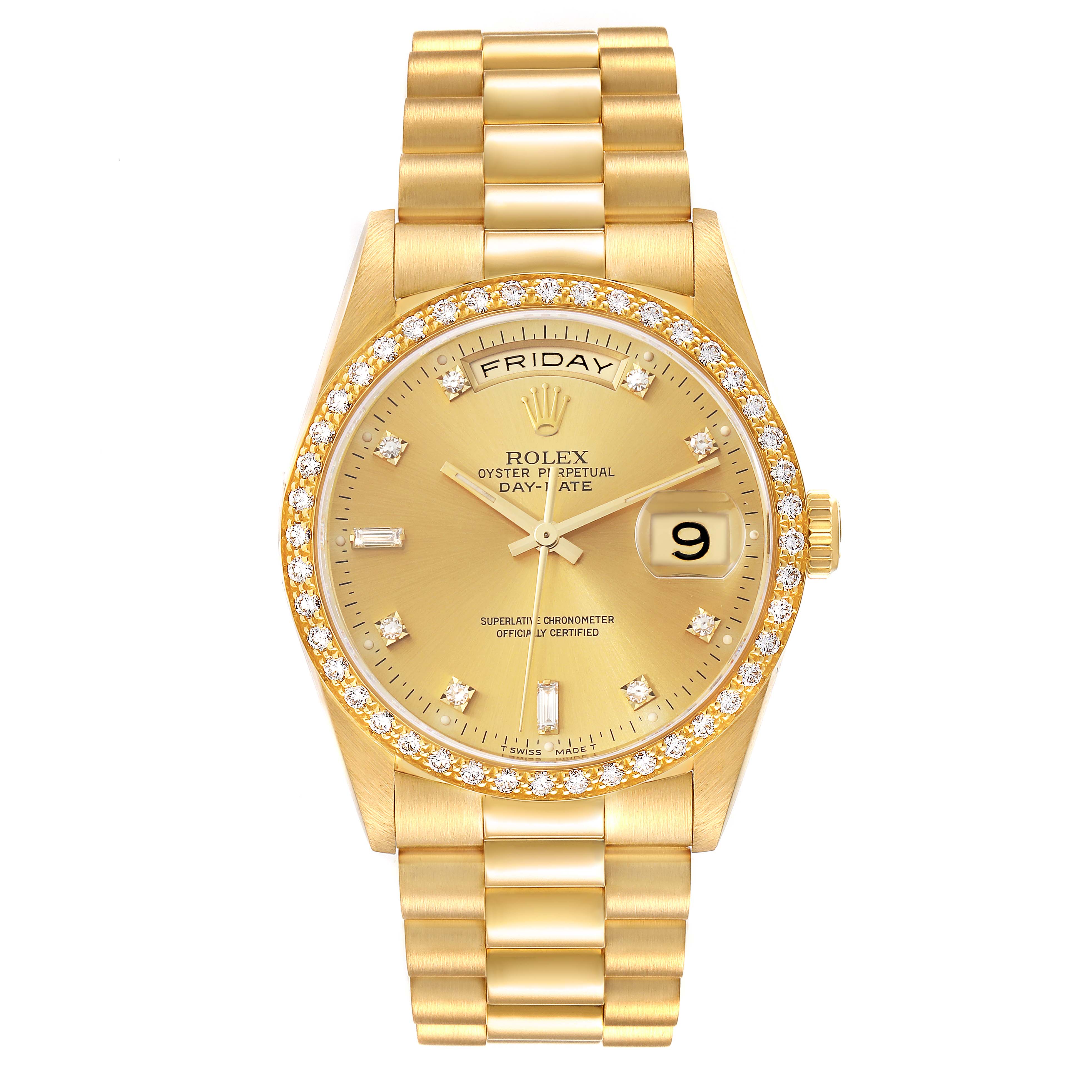The image shows a frontal view of a gold Rolex President 18348 Men
s Yellow Gold Champagne Dial 18348 Men
s Yellow Gold Champagne Dial model watch, featuring a diamond-bezel and day-date display.