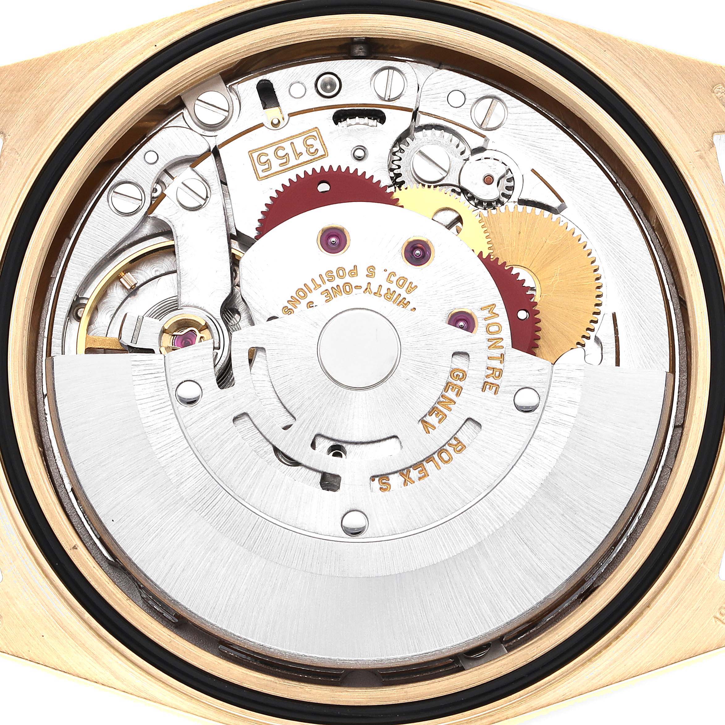 The image shows the internal mechanism of a Rolex President 18348 Men
s Yellow Gold Champagne Dial 18348 Men
s Yellow Gold Champagne Dial model watch from a back angle.