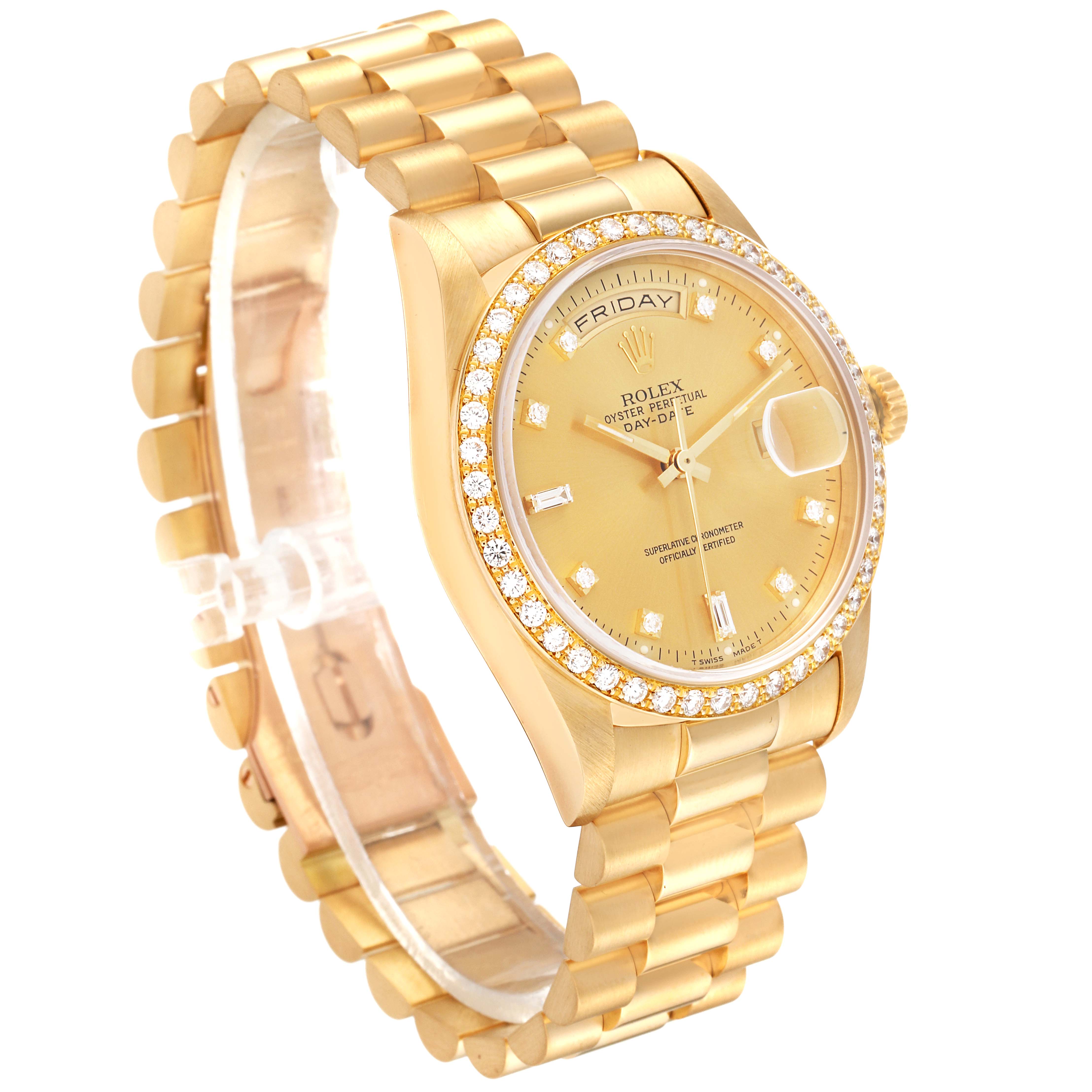 The image shows a gold Rolex President 18348 Men
s Yellow Gold Champagne Dial 18348 Men
s Yellow Gold Champagne Dial model, angled to display its face, bezel with diamonds, and part of its bracelet.