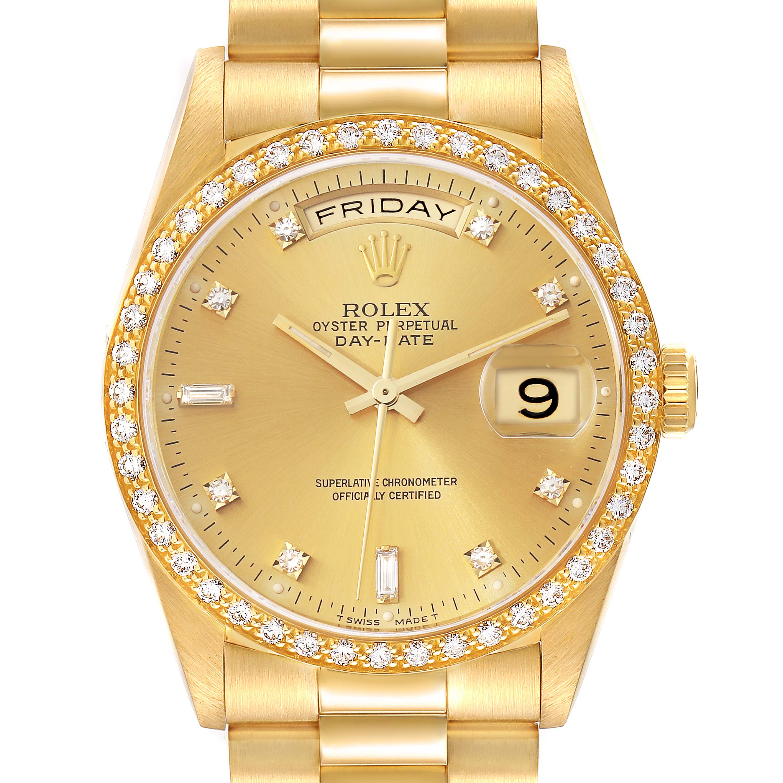 The image shows a frontal view of the Rolex President 18348 Men
s Yellow Gold Champagne Dial 18348 Men
s Yellow Gold Champagne Dial model watch, highlighting its gold dial, diamond-encrusted bezel, and day-date functions.