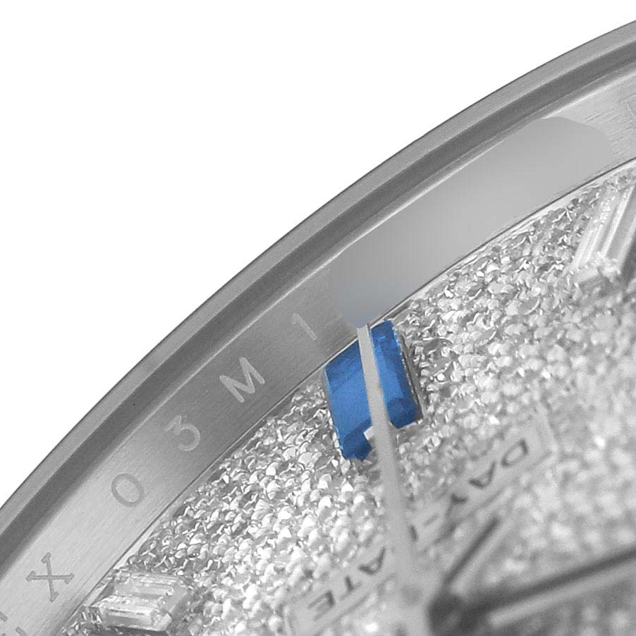 The image shows a close-up of the Rolex President 228206 Men's Platinum Silver Dial watch dial, highlighting the edge and part of the date display.