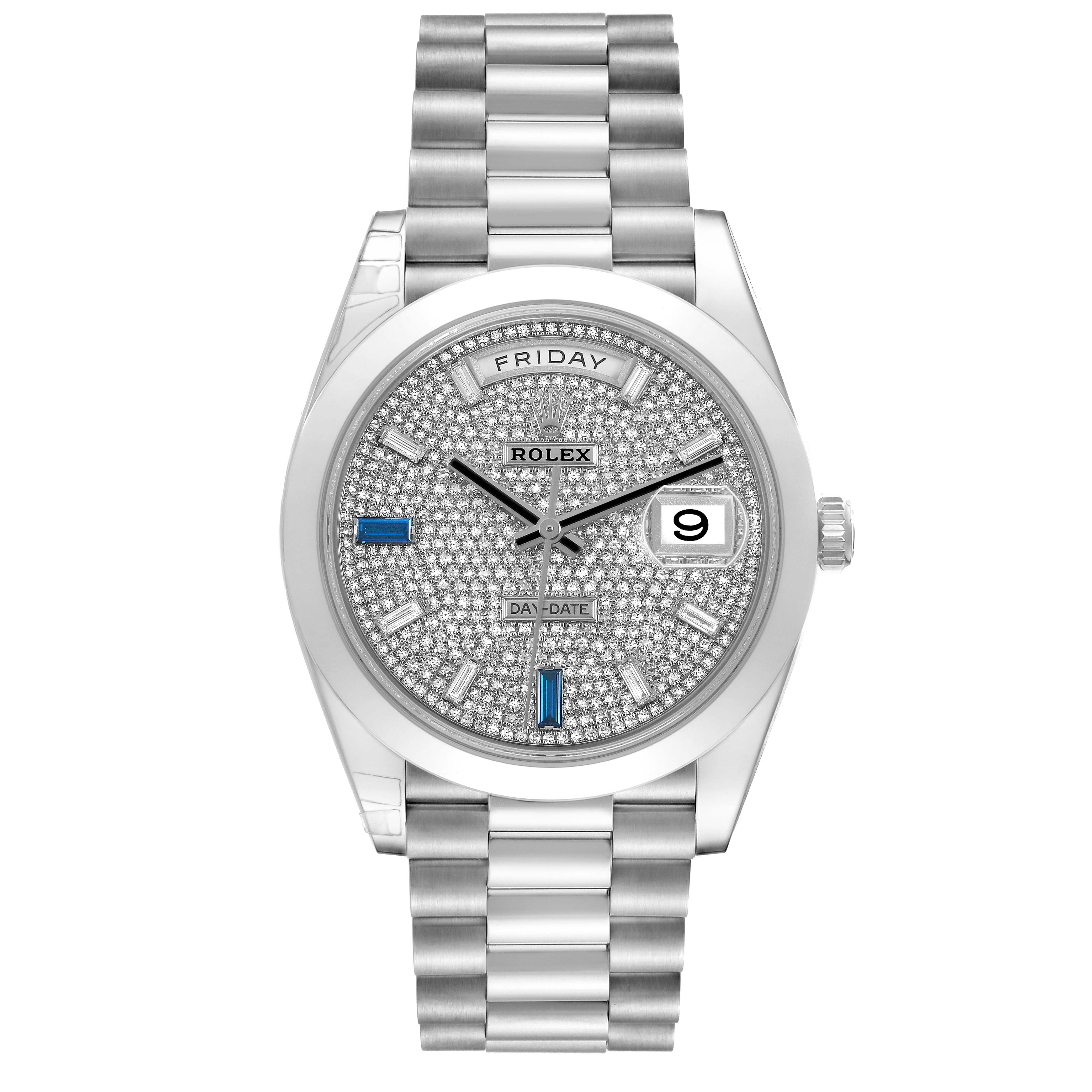 The Rolex President 228206 Men's Platinum Silver Dial model watch is shown from a front angle, highlighting its diamond-studded dial and bracelet.