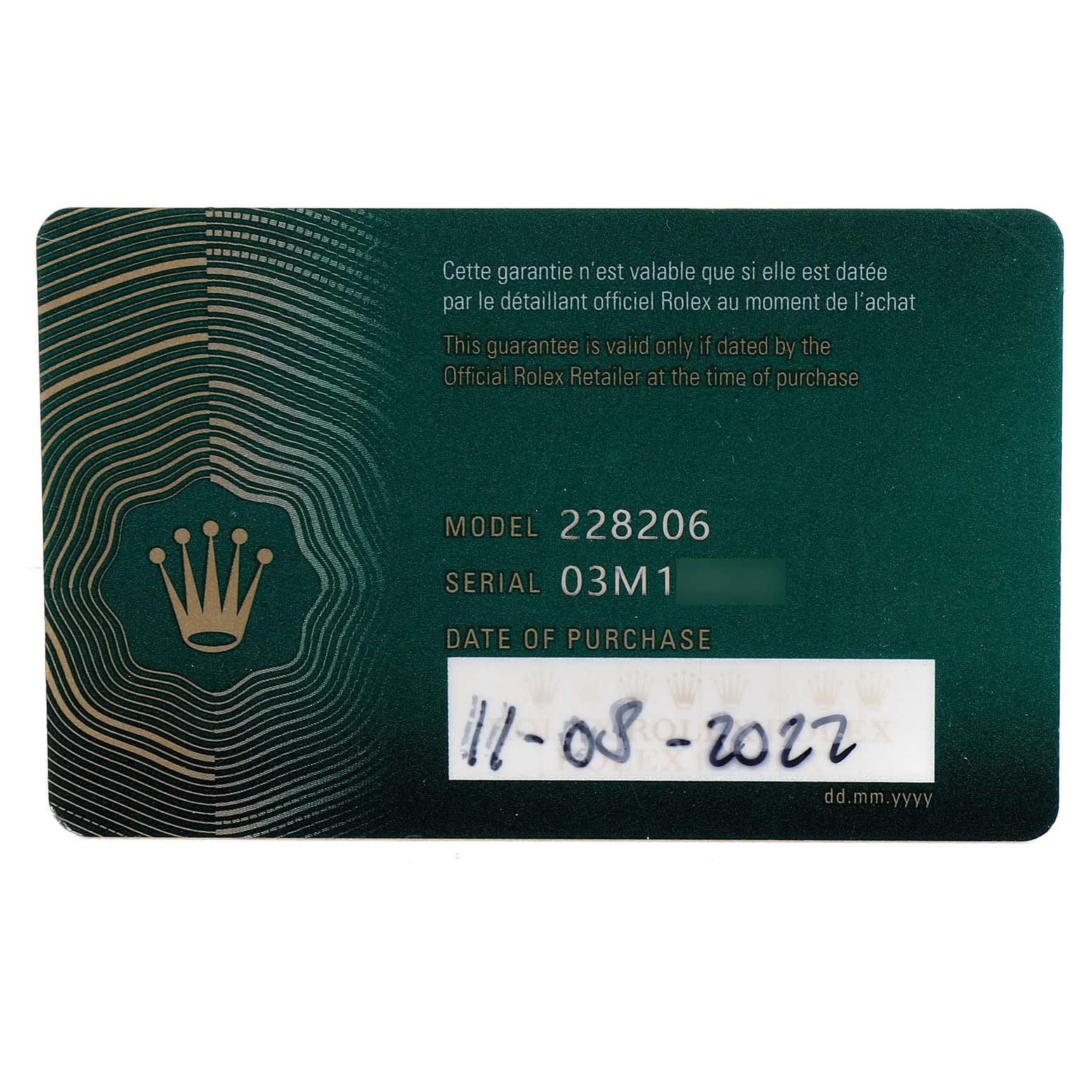 The image shows a warranty card for a Rolex President 228206 Men's Platinum Silver Dial model, displaying model and serial numbers, with a purchase date.