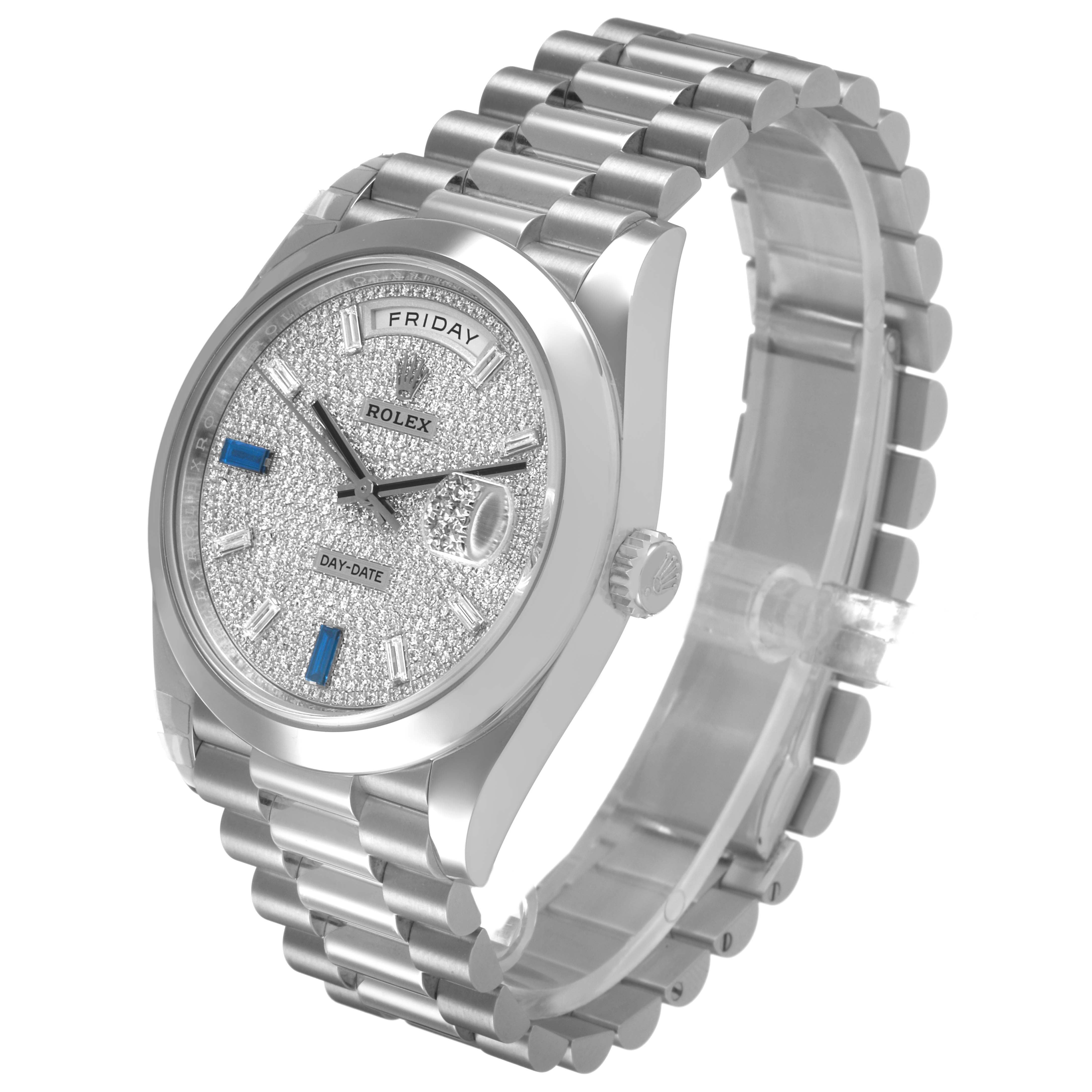 The image shows a Rolex President 228206 Men's Platinum Silver Dial model watch at a three-quarter angle, displaying its face, bezel, and bracelet.