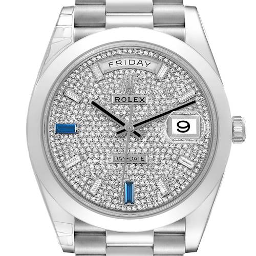 The Rolex President 228206 Men's Platinum Silver Dial watch is shown from the front, featuring its diamond-paved dial, date, and day displays.