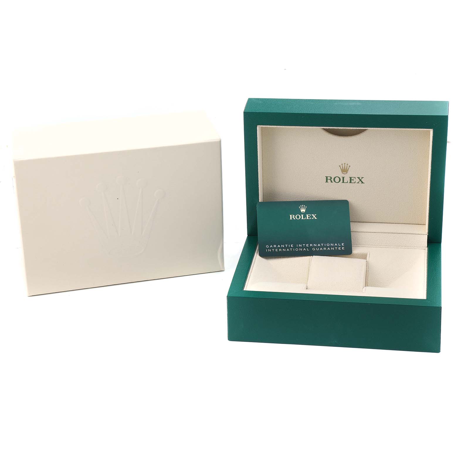 The image shows a Rolex President 228206 Men's Platinum Silver Dial model watch box and certificate, with a closed outer box.