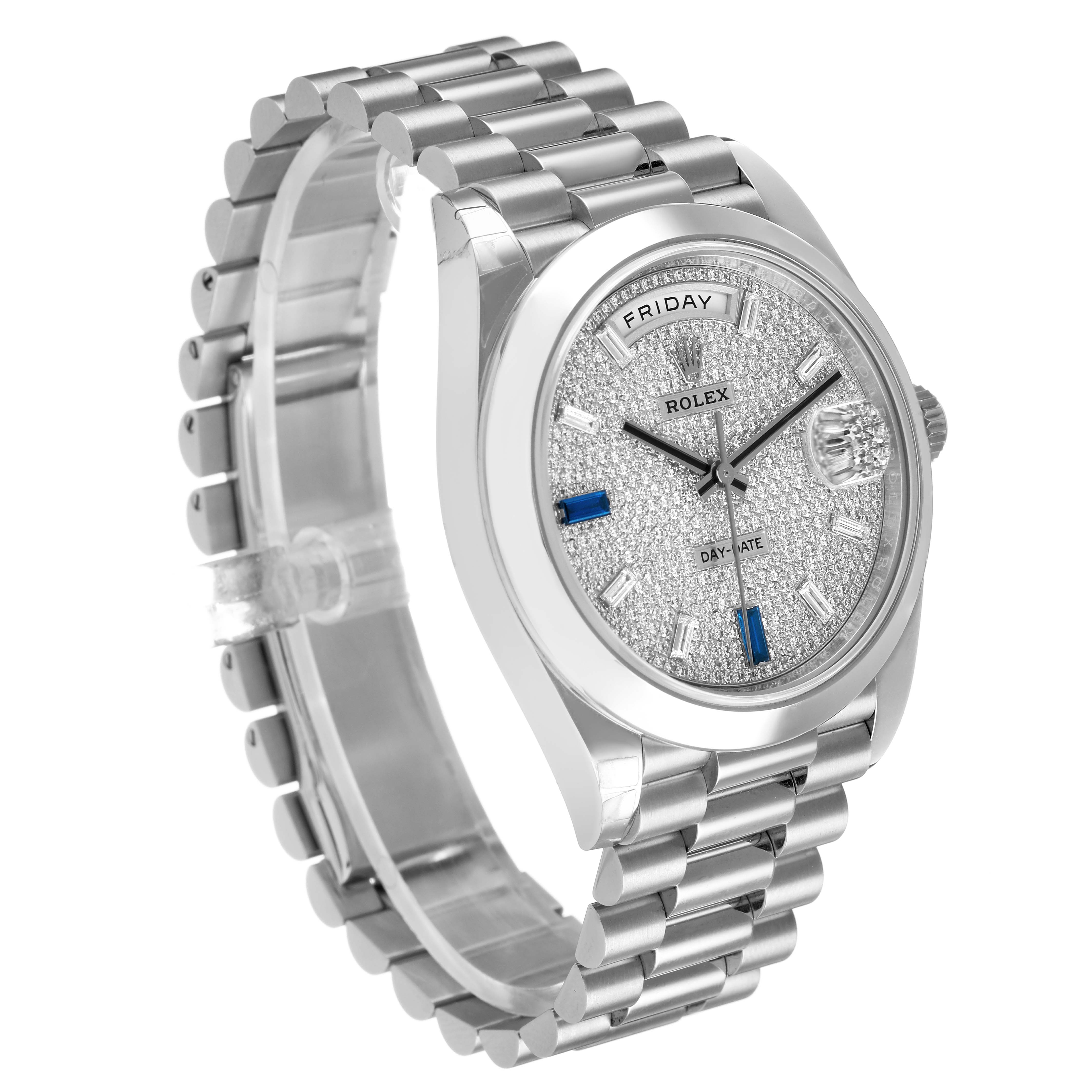 The Rolex President 228206 Men's Platinum Silver Dial watch is shown at an angle highlighting the face, bracelet, and side crown.