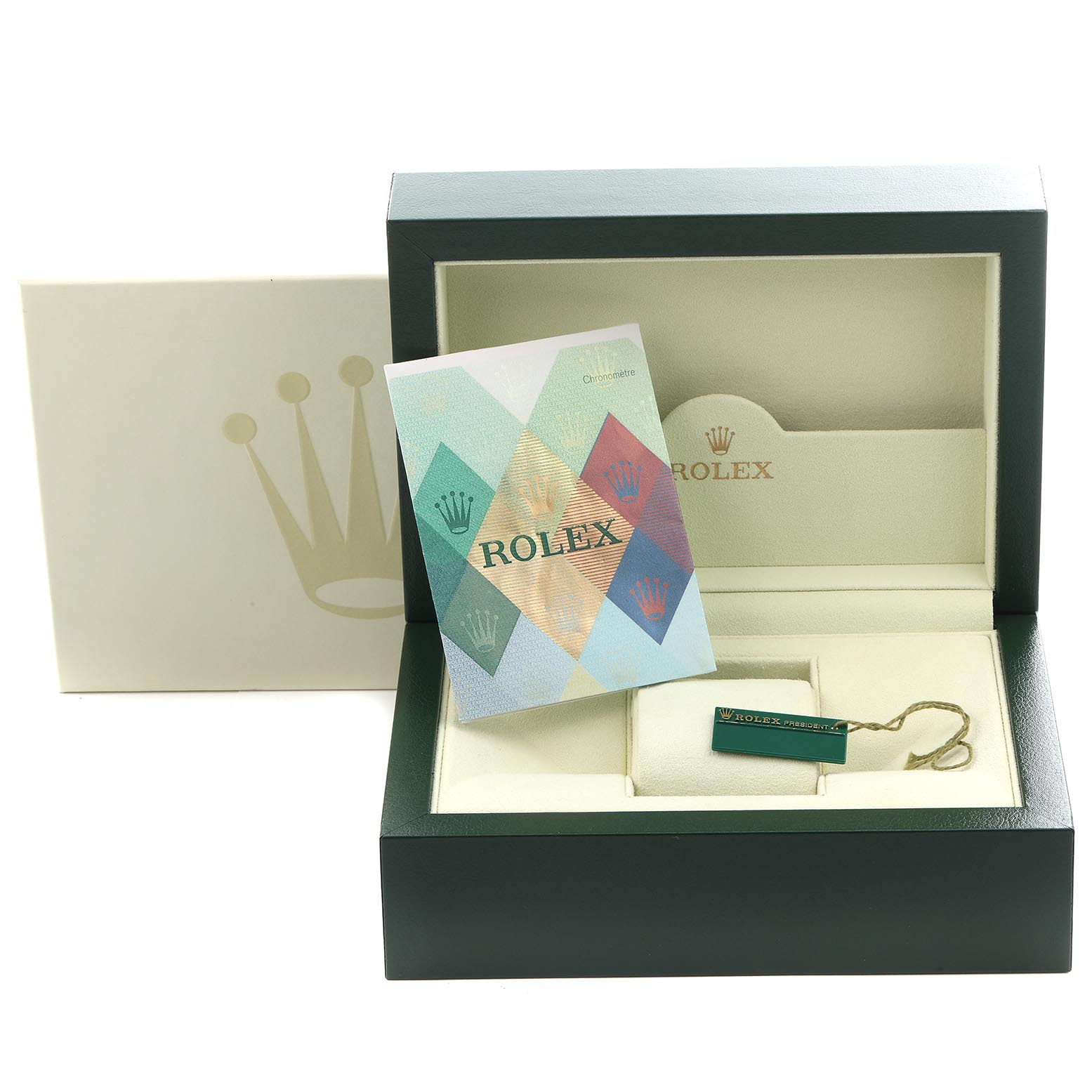 The image shows a Rolex President 118346 Men's Platinum Silver Dial 118346 Men's Platinum Silver Dial model box with accessories, including a manual and a tag inside.