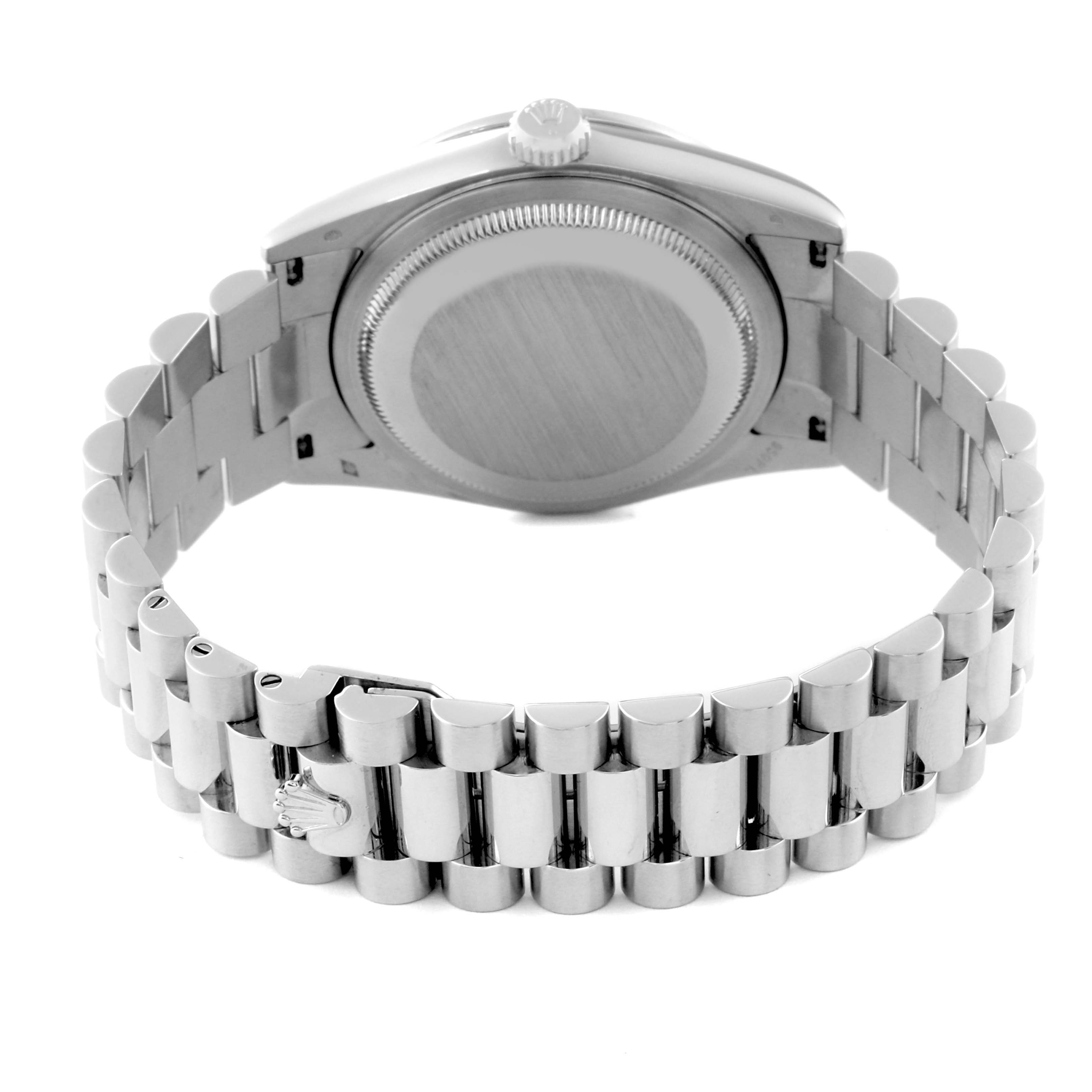 The image shows the back view of a Rolex President 118346 Men's Platinum Silver Dial 118346 Men's Platinum Silver Dial model watch, highlighting the case back and part of the bracelet.