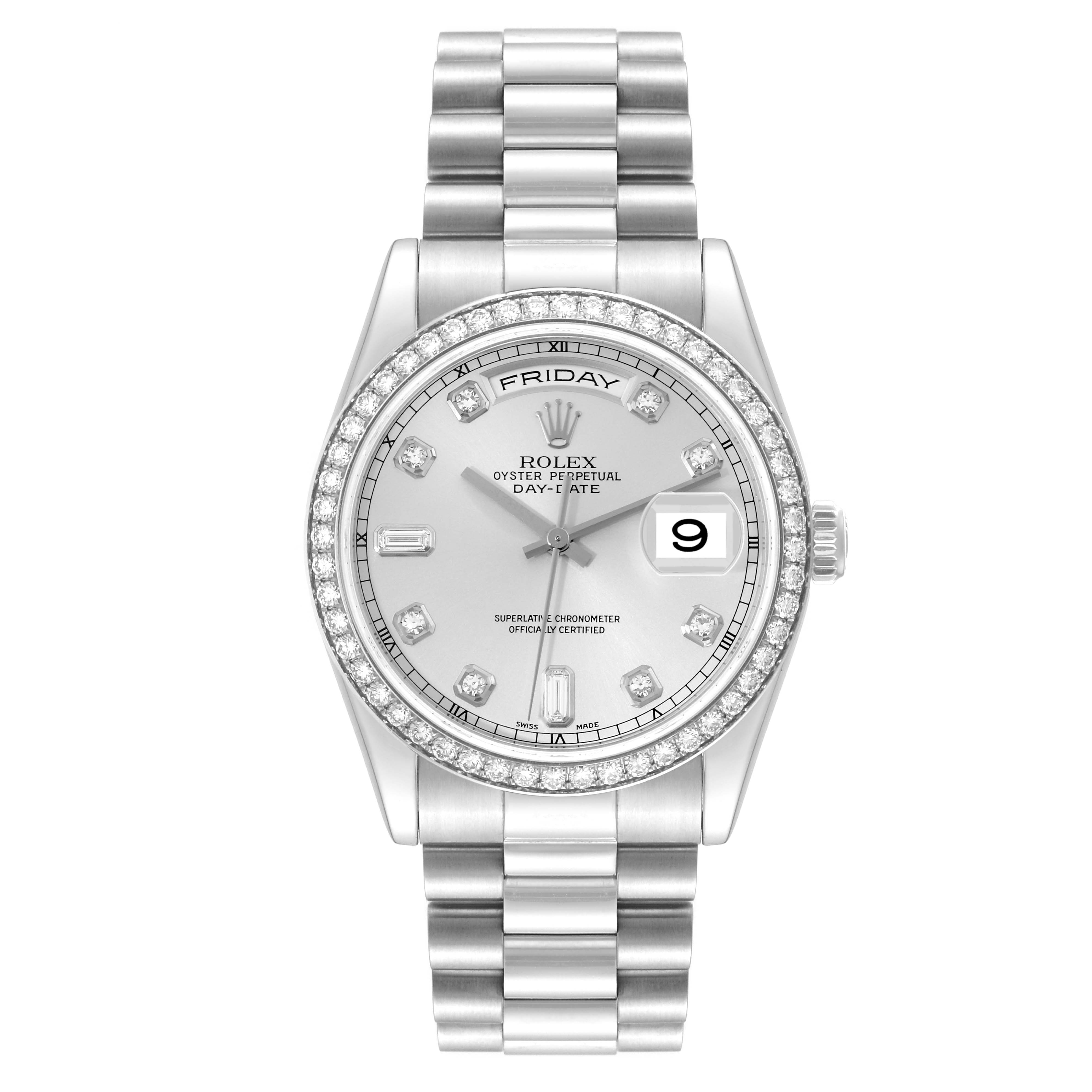 This image shows a frontal view of the Rolex President 118346 Men's Platinum Silver Dial 118346 Men's Platinum Silver Dial model watch, highlighting its face, bracelet, and dial details.