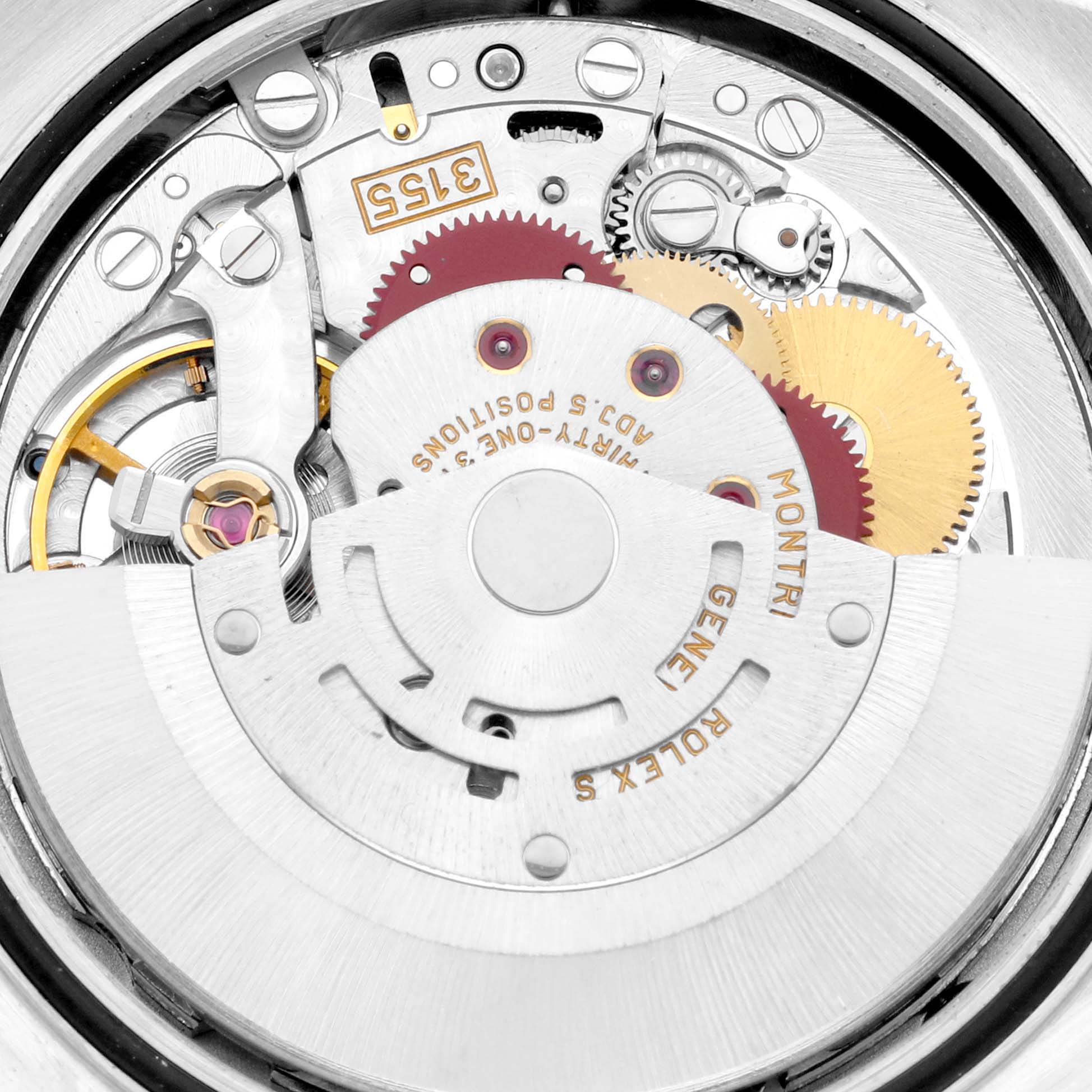 This image shows the intricate internal mechanism of a Rolex President 118346 Men's Platinum Silver Dial 118346 Men's Platinum Silver Dial model watch in close-up detail.