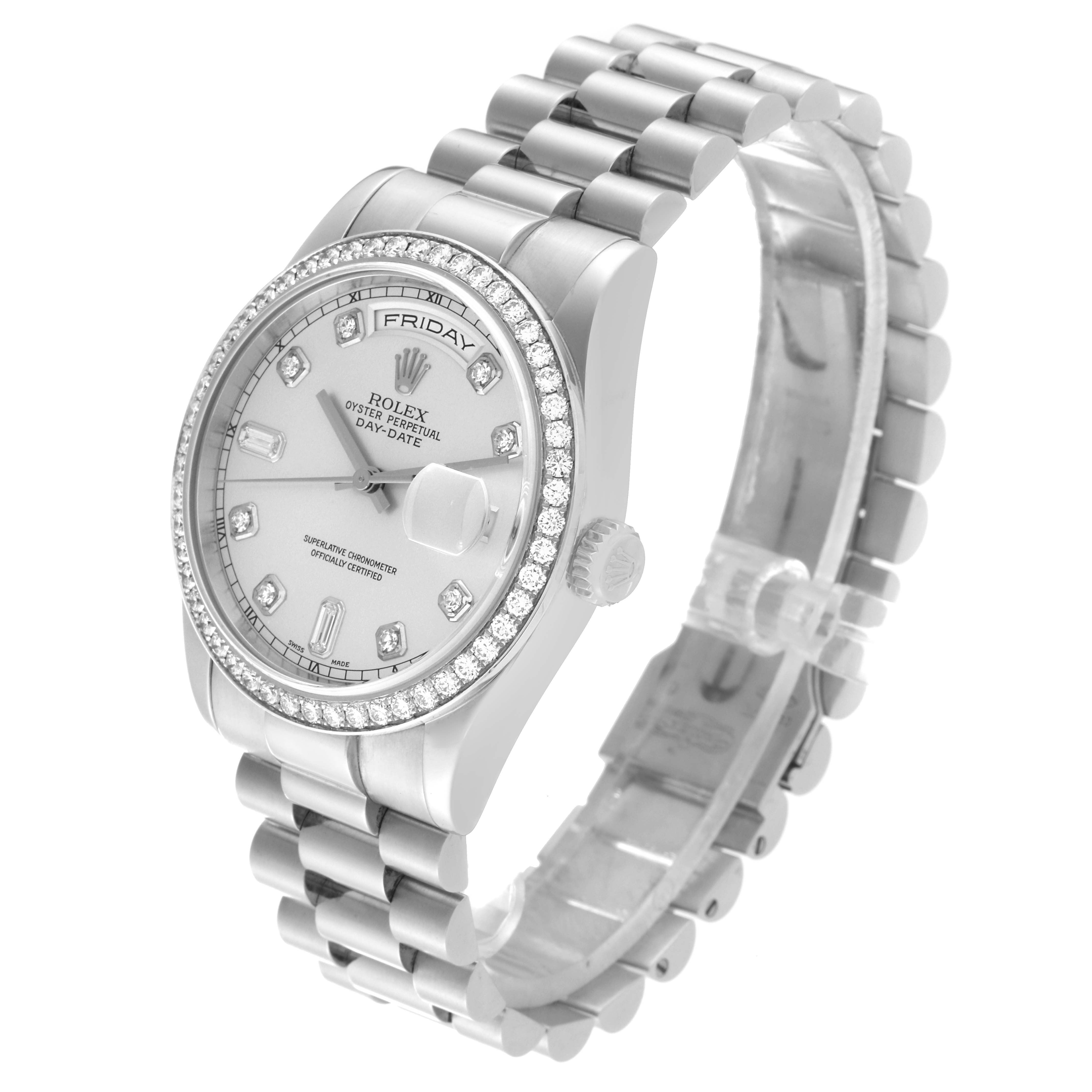 This image shows a Rolex President 118346 Men's Platinum Silver Dial 118346 Men's Platinum Silver Dial model watch from an angled front view, displaying the dial, bezel, crown, and bracelet.