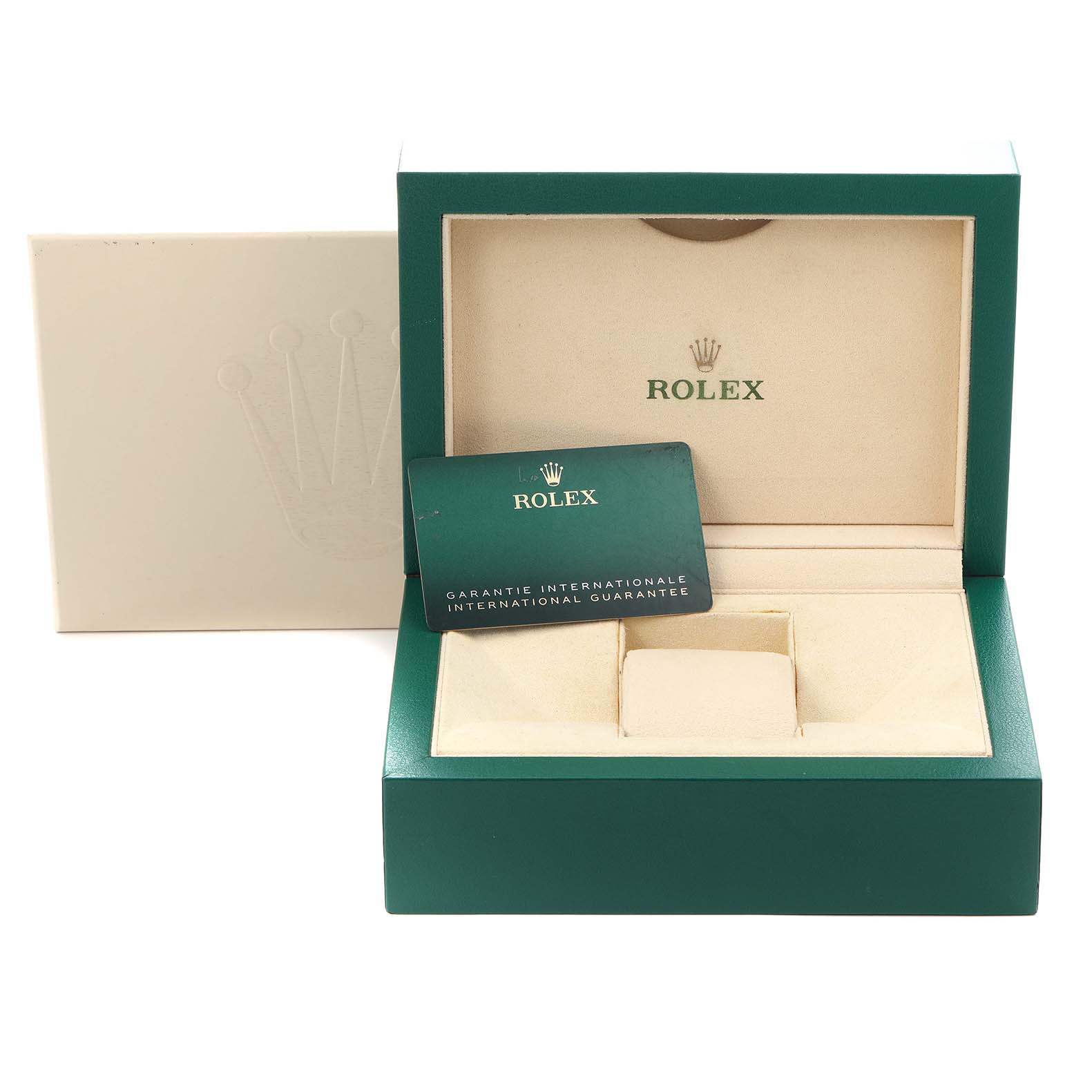 The image shows a Rolex President 128239 Men
s White Gold Blue Dial 128239 Men
s White Gold Blue Dial model watch box and guarantee card, displayed from a frontal angle.