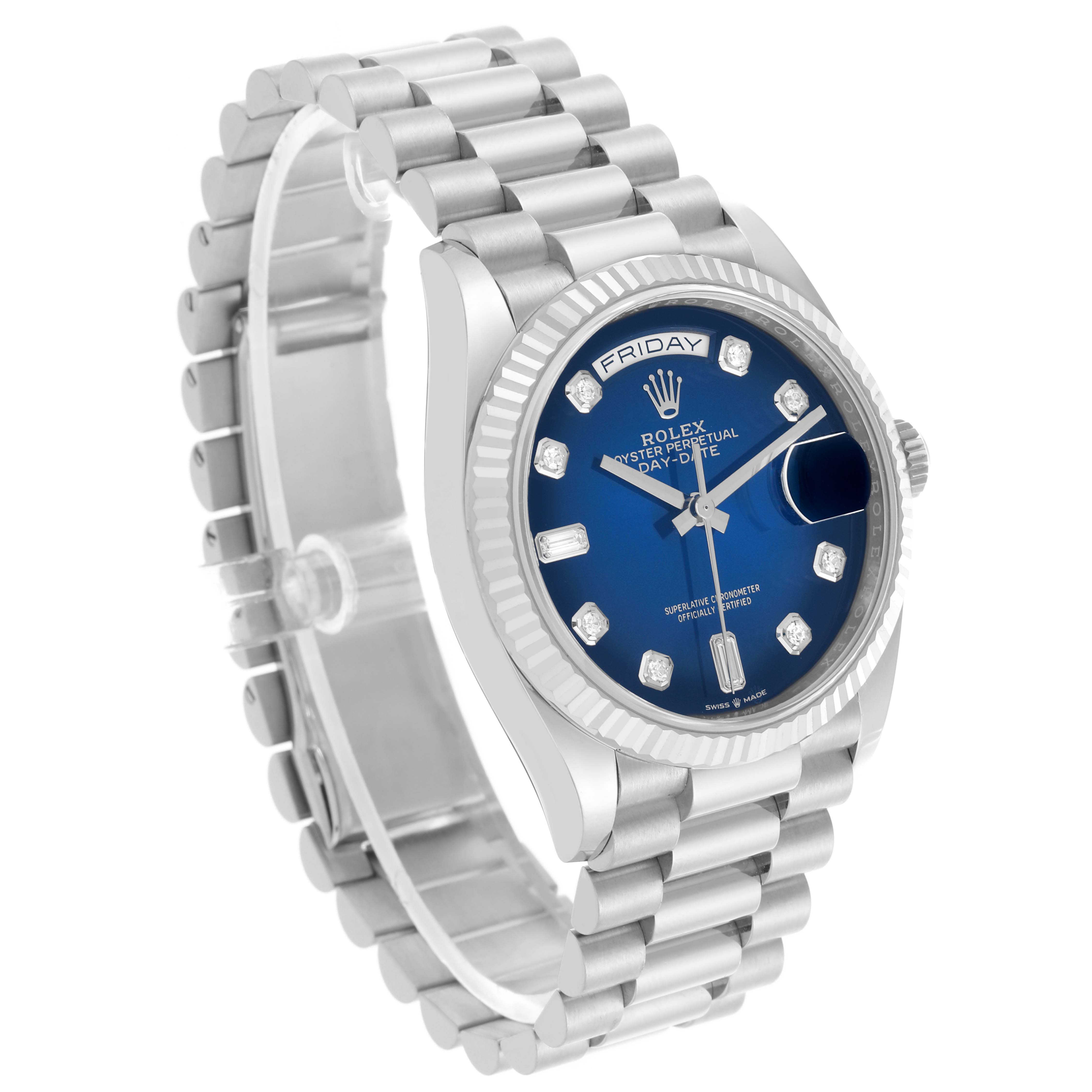 The Rolex President 128239 Men
s White Gold Blue Dial 128239 Men
s White Gold Blue Dial watch is shown at a slightly tilted angle, featuring the bracelet, bezel, and blue dial.