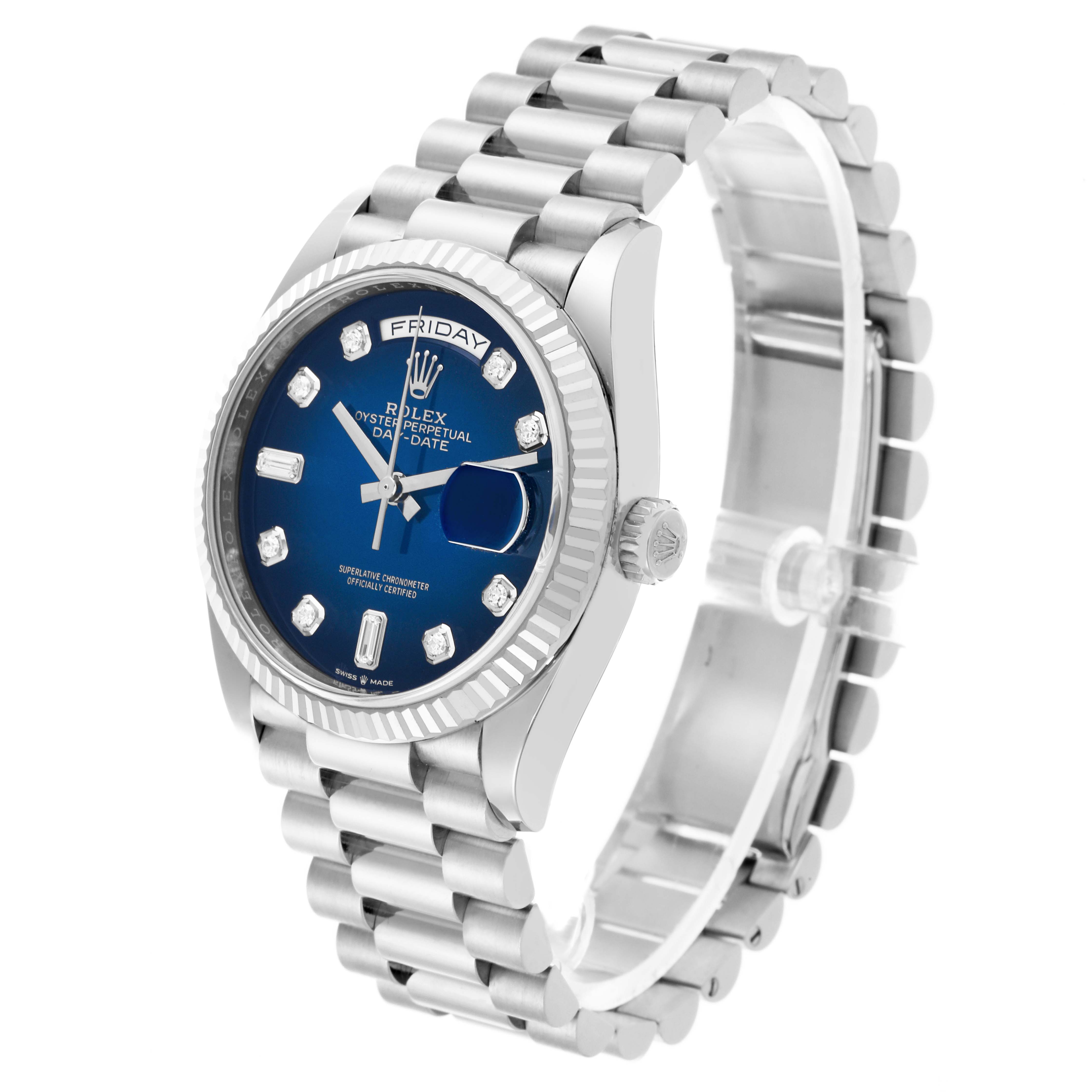 The Rolex President 128239 Men
s White Gold Blue Dial 128239 Men
s White Gold Blue Dial model is shown at a three-quarter angle, highlighting its blue dial, fluted bezel, and bracelet.