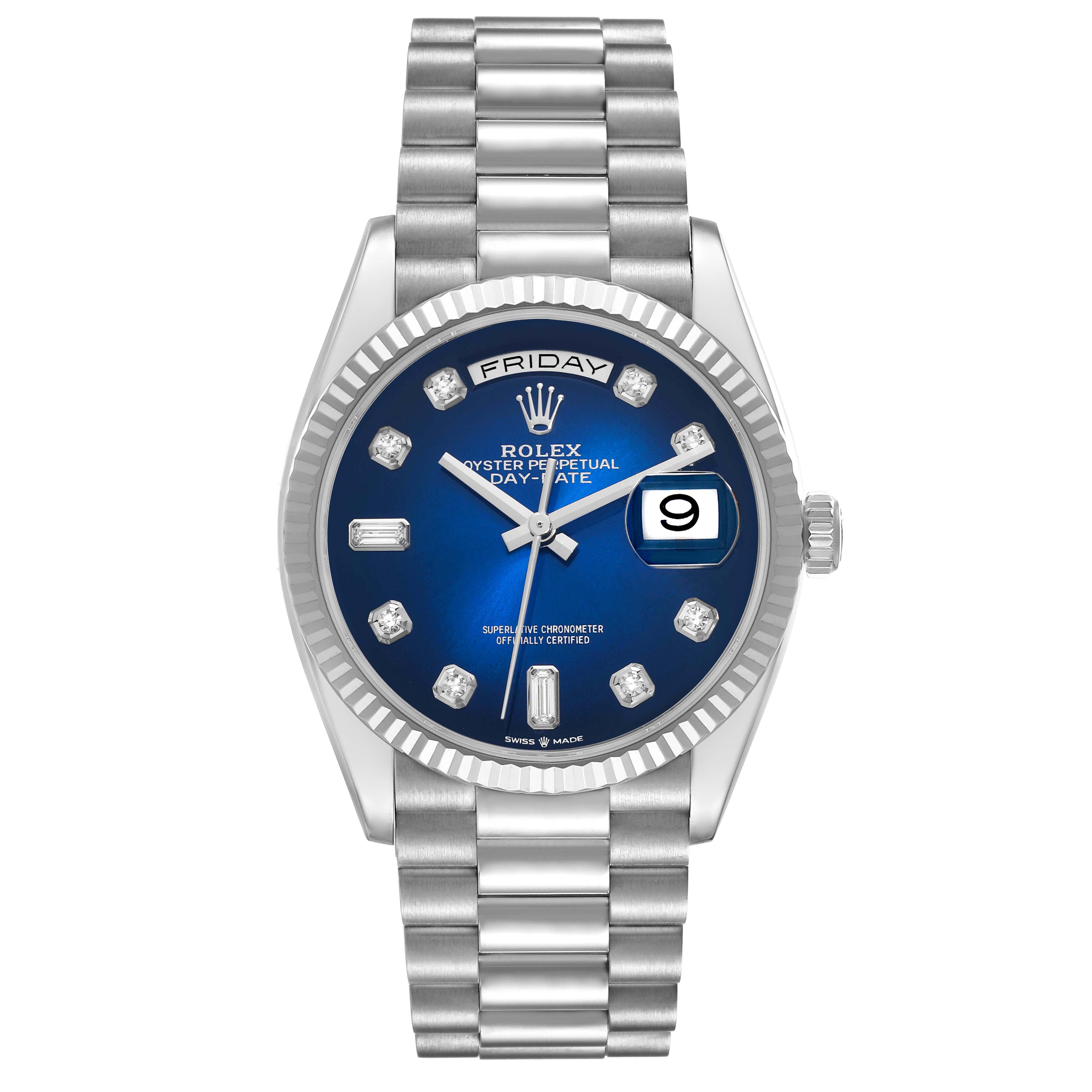 The Rolex President 128239 Men
s White Gold Blue Dial 128239 Men
s White Gold Blue Dial model is shown from the front, displaying the blue dial, day-date, bezel, and full bracelet.