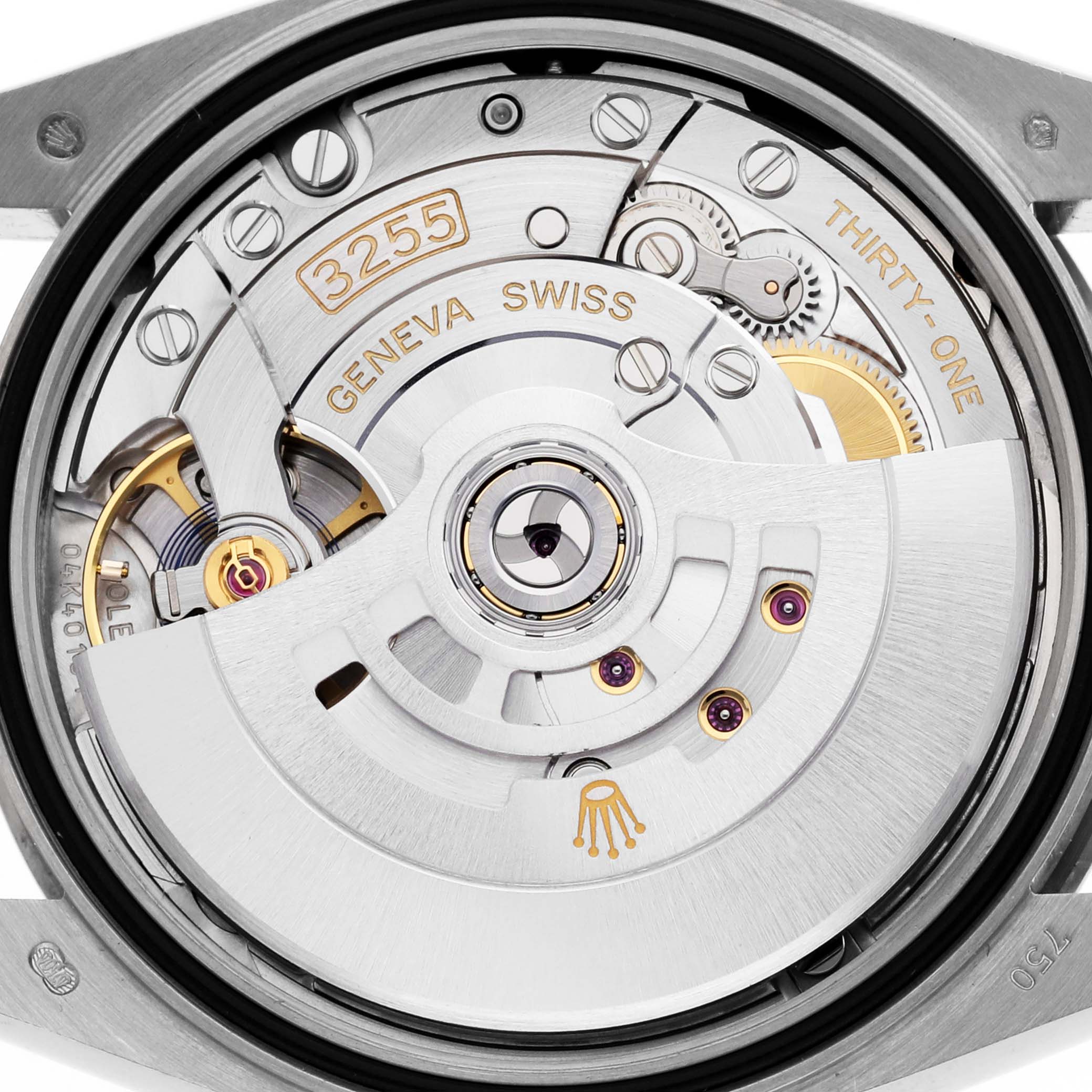 The image shows the movement of a Rolex President 128239 Men
s White Gold Blue Dial 128239 Men
s White Gold Blue Dial watch, highlighting the intricate internal components and rotor.