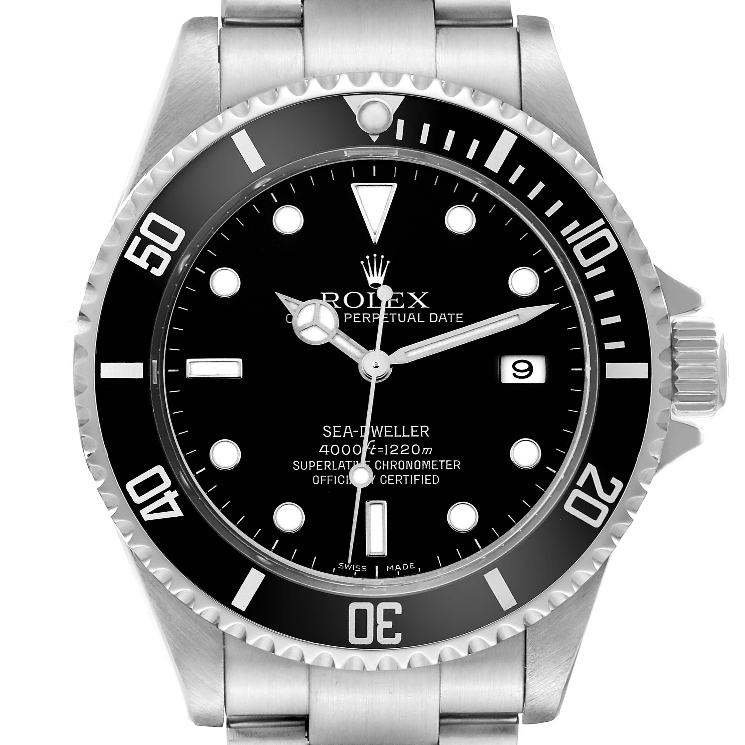 The Rolex Sea-Dweller 16600 Men's Stainless Steel Black Dial 16600 Men's Stainless Steel Black Dial watch is shown from a front angle, highlighting the dial, bezel, and part of the bracelet.