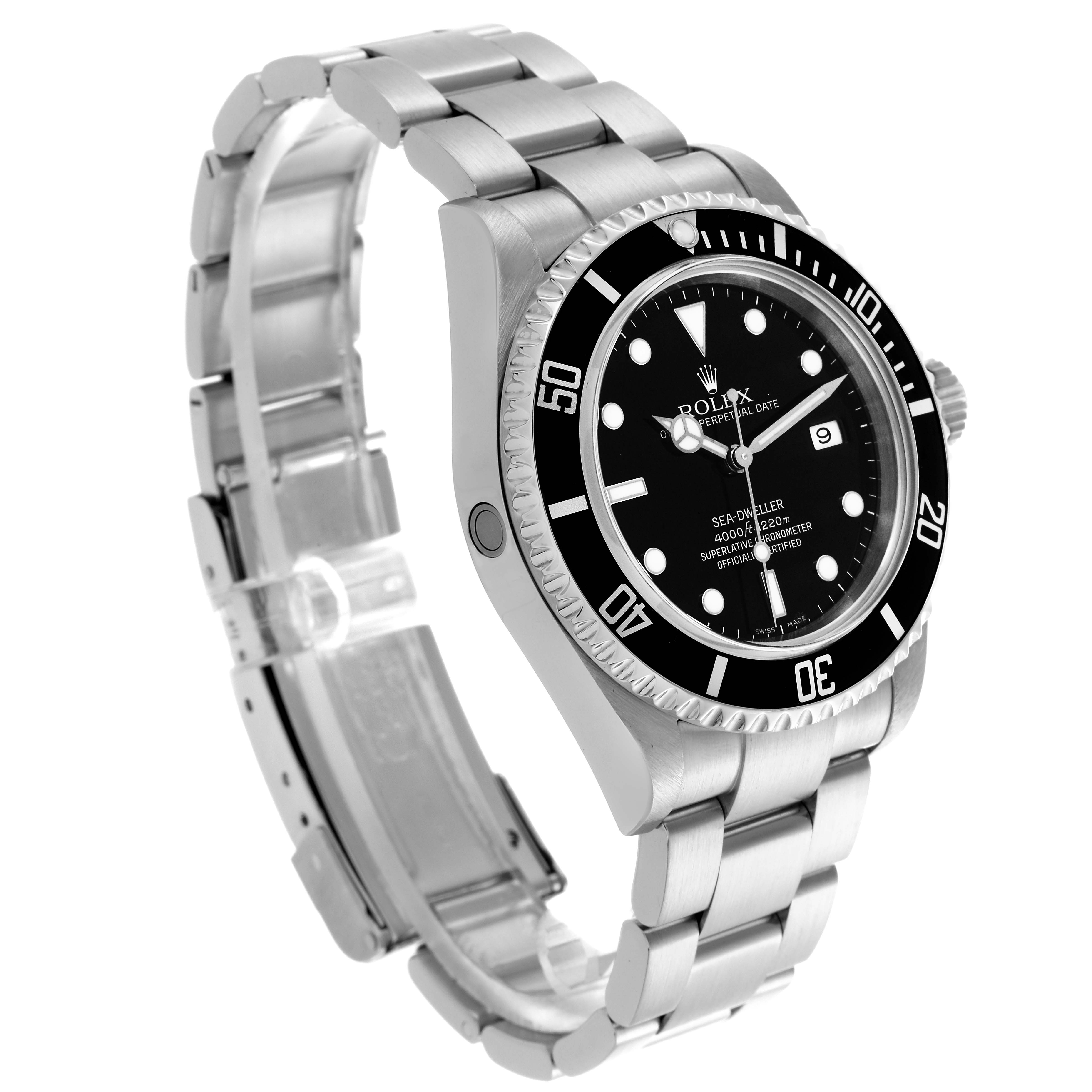 The Rolex Sea-Dweller 16600 Men's Stainless Steel Black Dial 16600 Men's Stainless Steel Black Dial is shown at a slight angle, highlighting the dial, bezel, case, and bracelet.