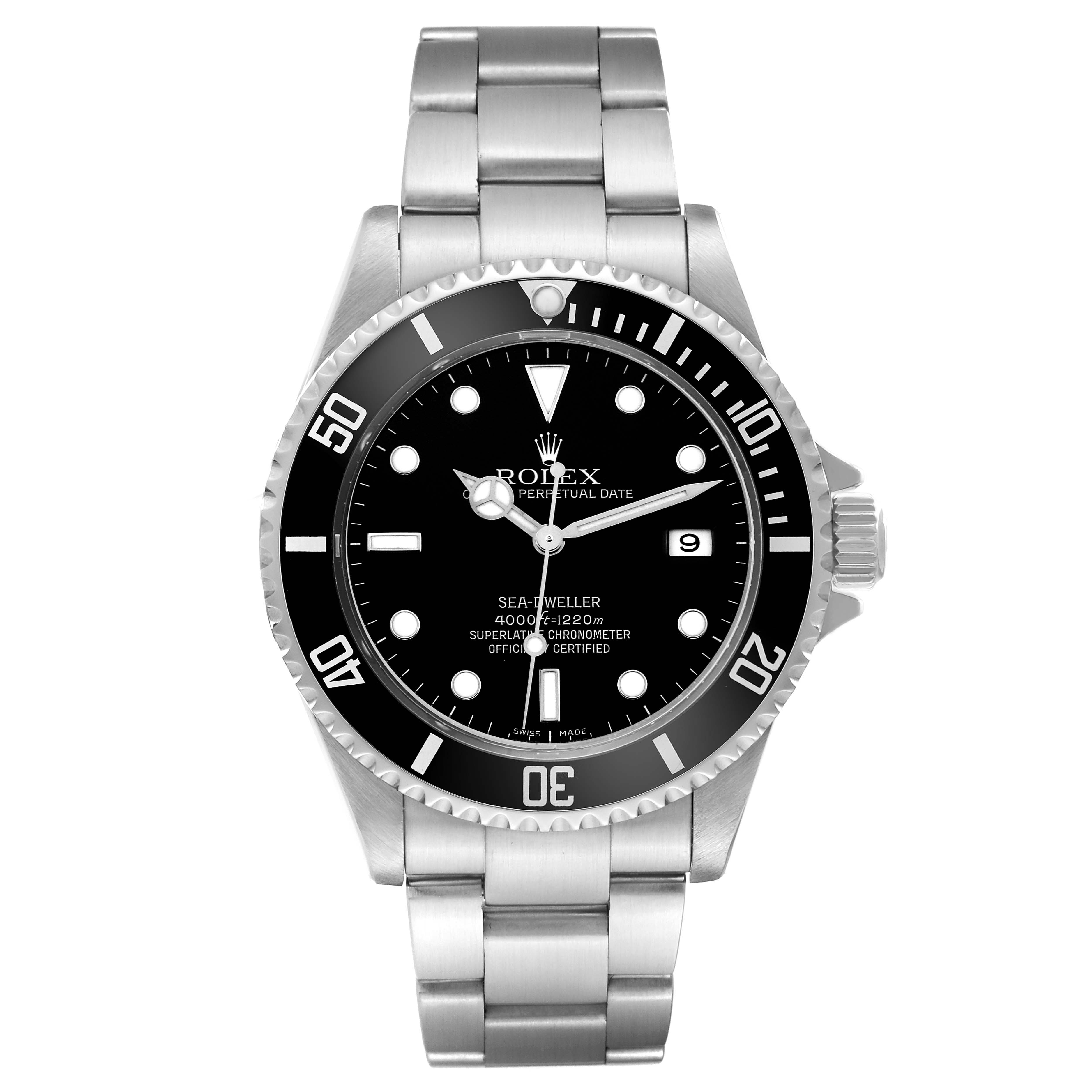 The Rolex Sea-Dweller 16600 Men's Stainless Steel Black Dial 16600 Men's Stainless Steel Black Dial watch is shown from the front, displaying its face, bezel, and stainless steel bracelet.