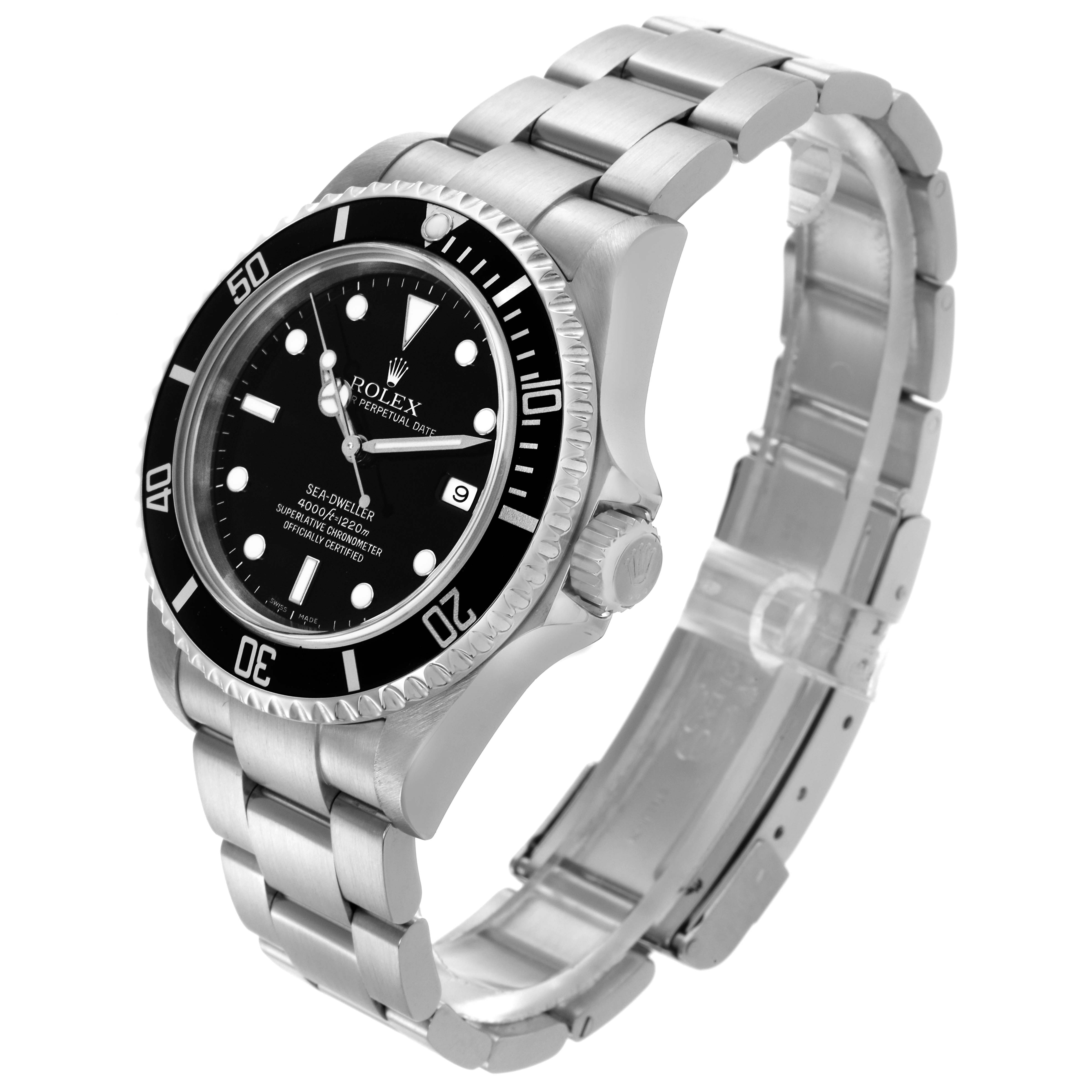 The Rolex Sea-Dweller 16600 Men's Stainless Steel Black Dial 16600 Men's Stainless Steel Black Dial watch is shown at a side angle, highlighting the face, bezel, crown, and bracelet.