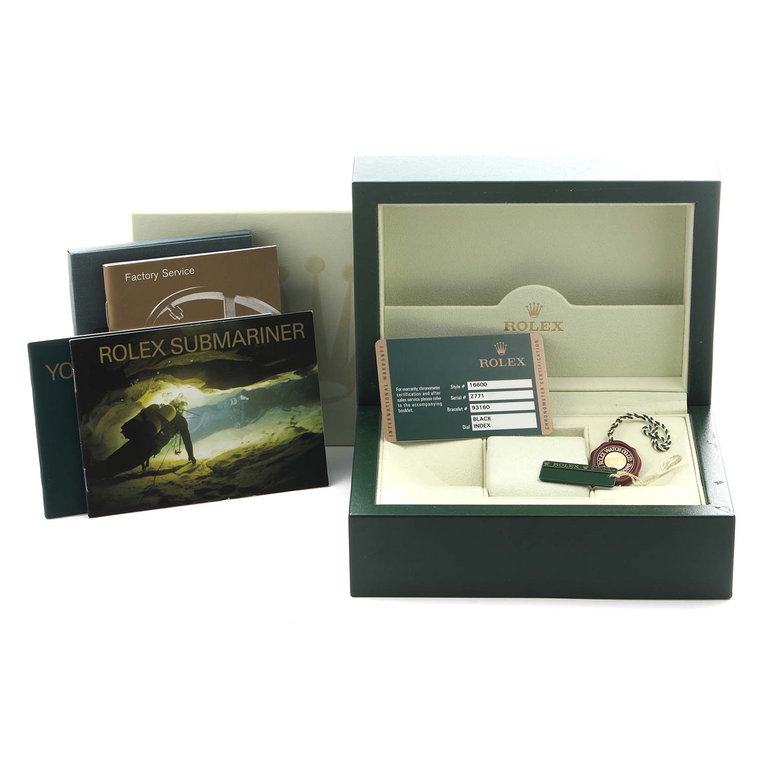 The image shows a Rolex Sea-Dweller 16600 Men's Stainless Steel Black Dial 16600 Men's Stainless Steel Black Dial box with manuals, warranty card, tag, and accessories at a front angle.