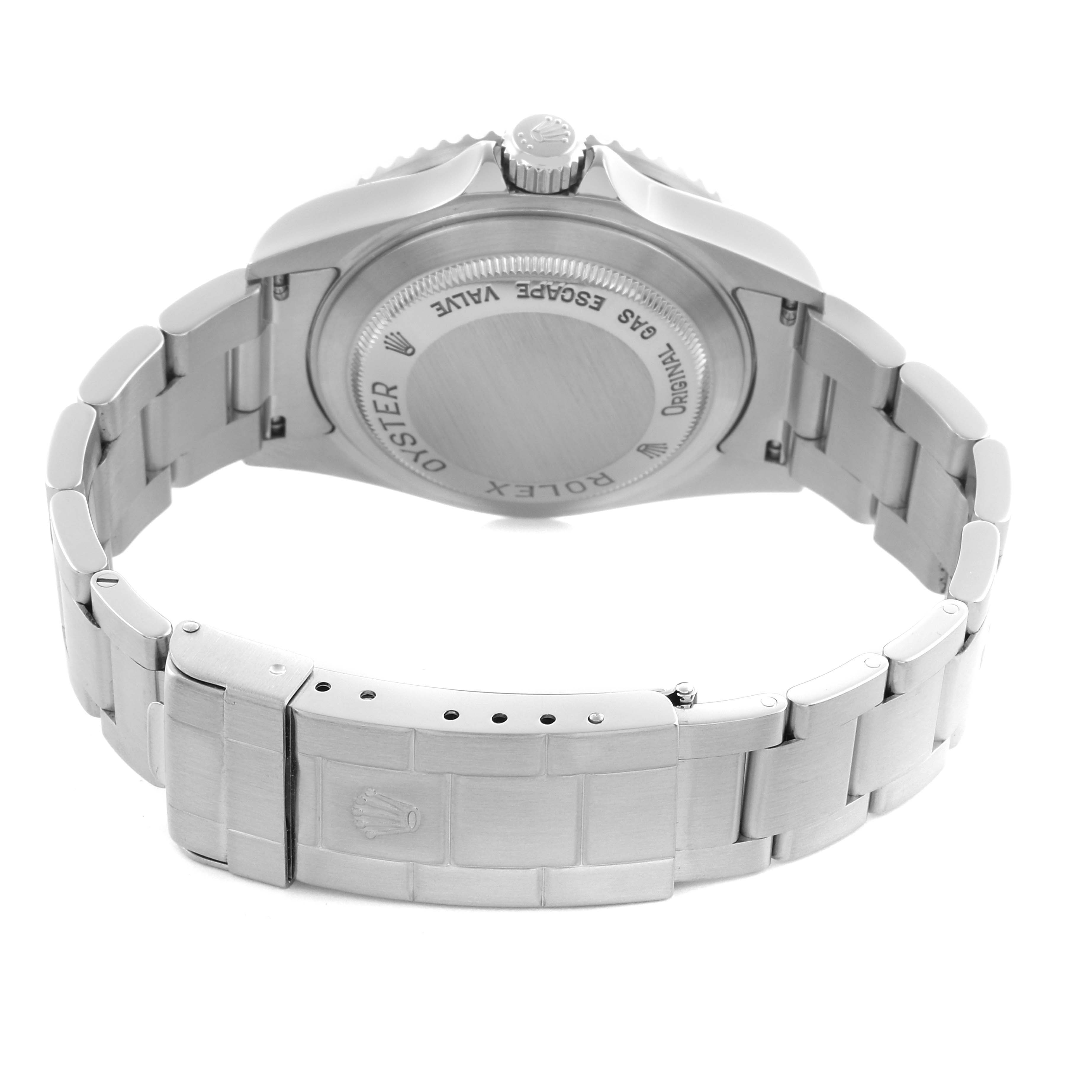 The image shows the back of the Rolex Sea-Dweller 16600 Men's Stainless Steel Black Dial 16600 Men's Stainless Steel Black Dial, highlighting the case back and bracelet clasp.