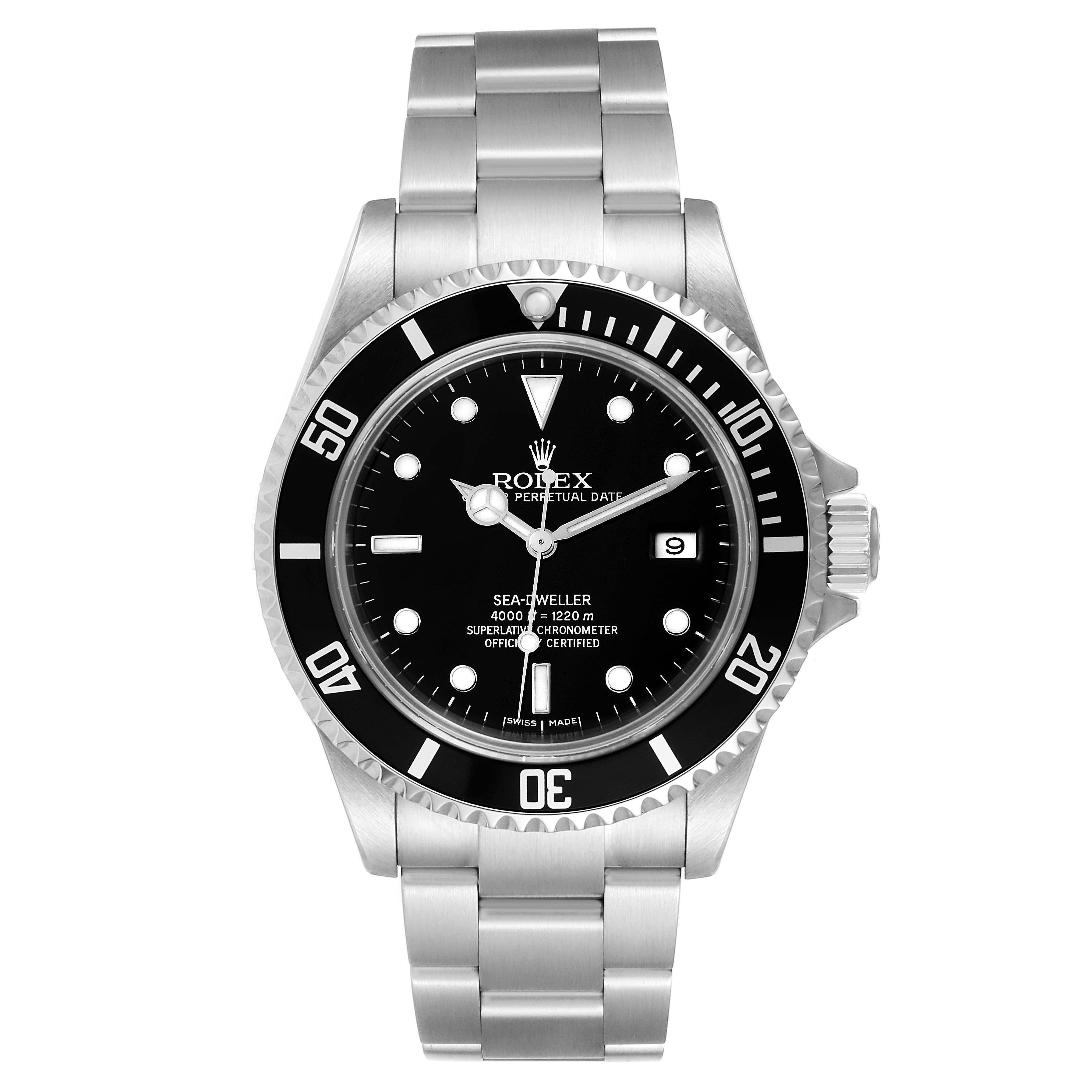 This image shows a front view of the Rolex Sea-Dweller 16600 Men
s Stainless Steel Black Dial 16600 Men
s Stainless Steel Black Dial watch, highlighting its black dial, bezel, and silver bracelet.