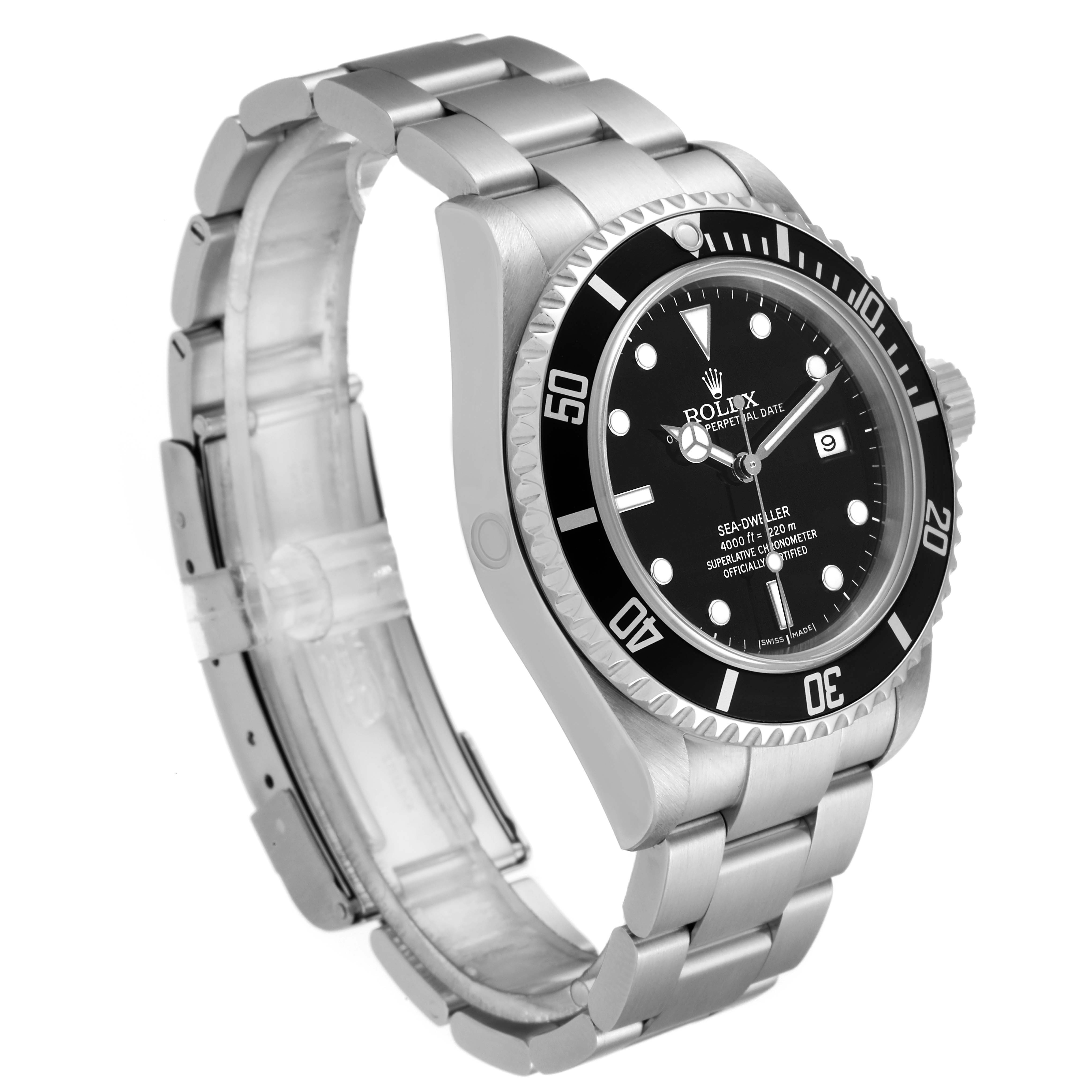 The image shows a side view of the Rolex Sea-Dweller 16600 Men
s Stainless Steel Black Dial 16600 Men
s Stainless Steel Black Dial watch, highlighting the dial, bezel, bracelet, and crown.