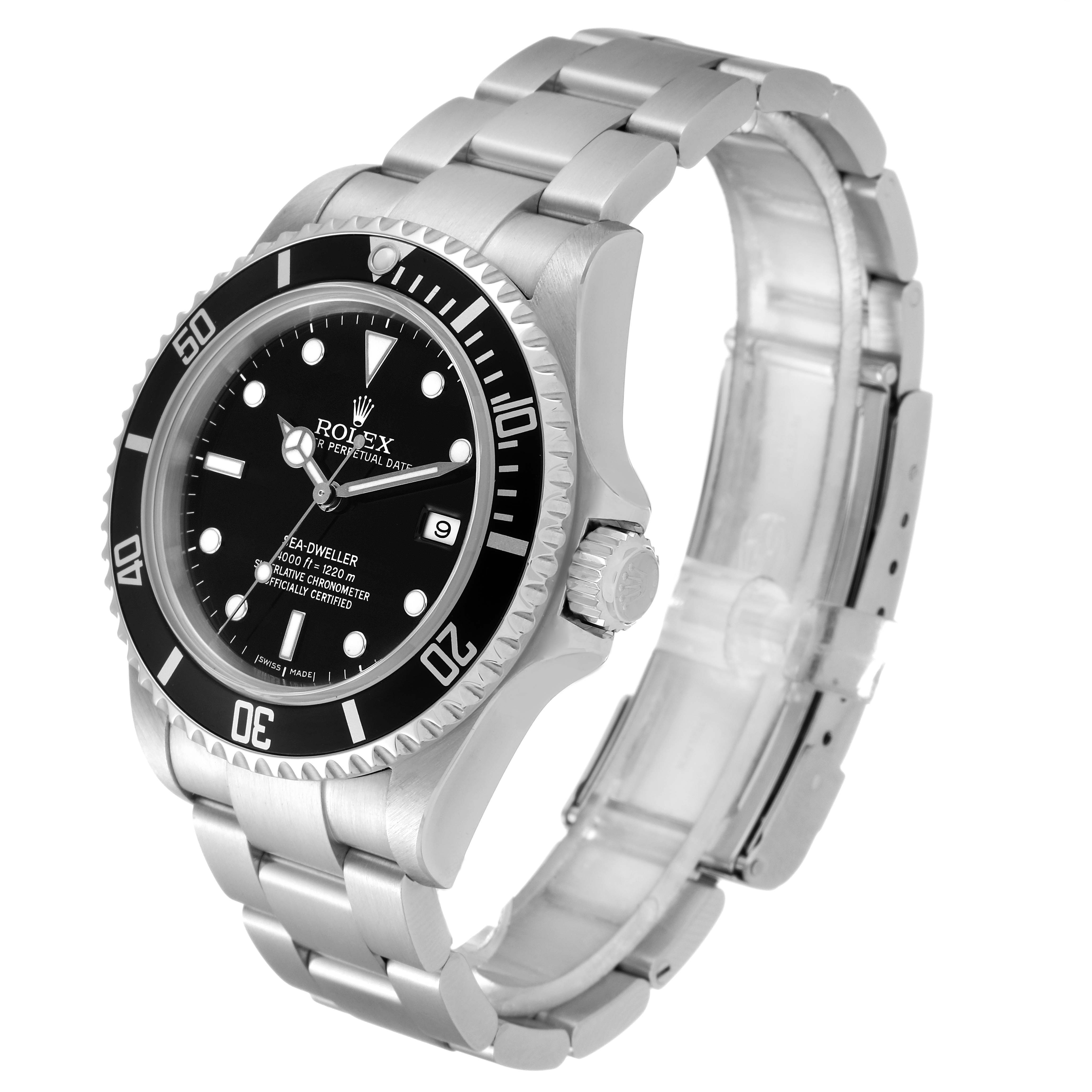 This image shows a side and top view of the Rolex Sea-Dweller 16600 Men
s Stainless Steel Black Dial 16600 Men
s Stainless Steel Black Dial watch, highlighting its face, bezel, crown, and bracelet.