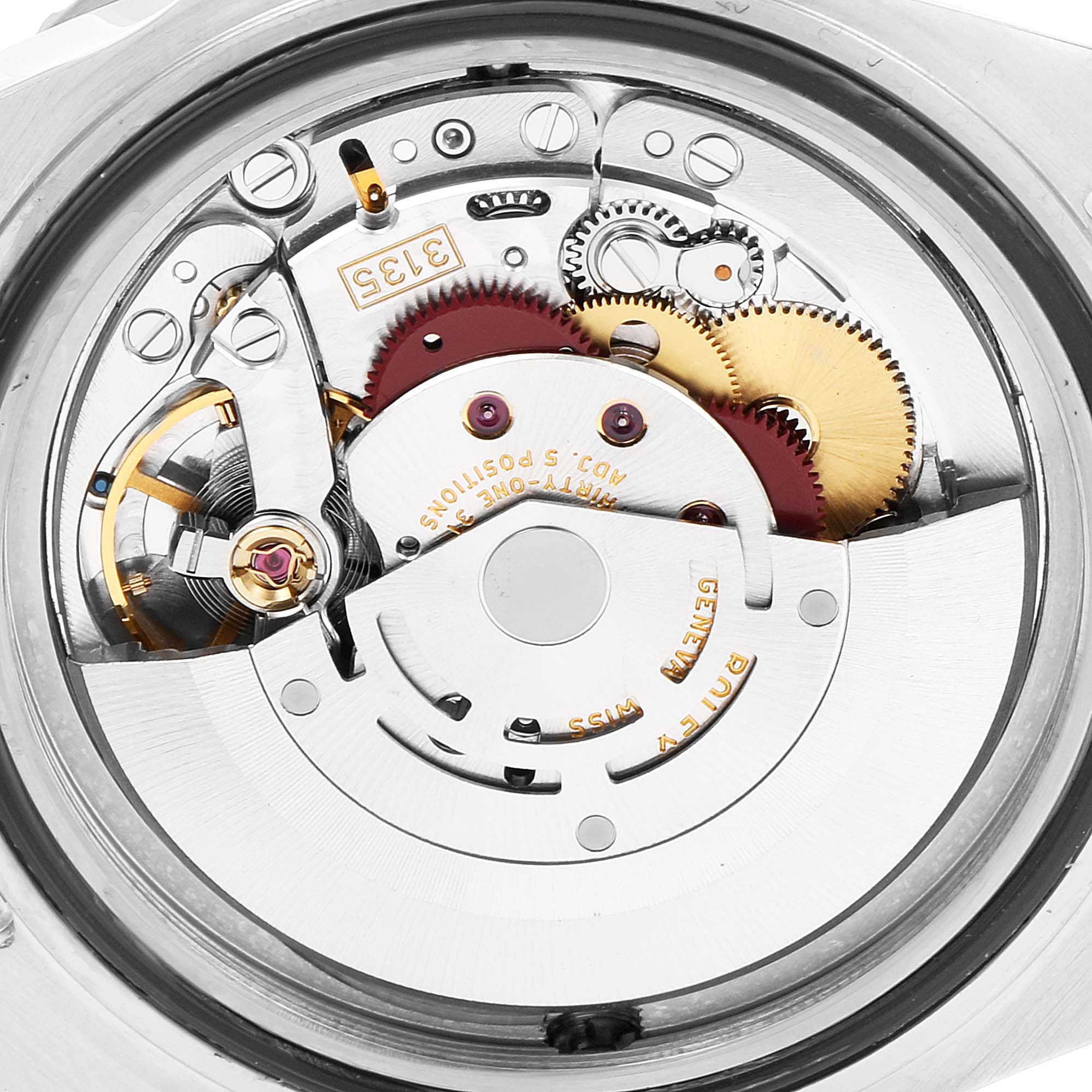 This image shows an internal view of the Rolex Sea-Dweller 16600 Men
s Stainless Steel Black Dial 16600 Men
s Stainless Steel Black Dial watch, focusing on its intricate mechanical movement and gears.