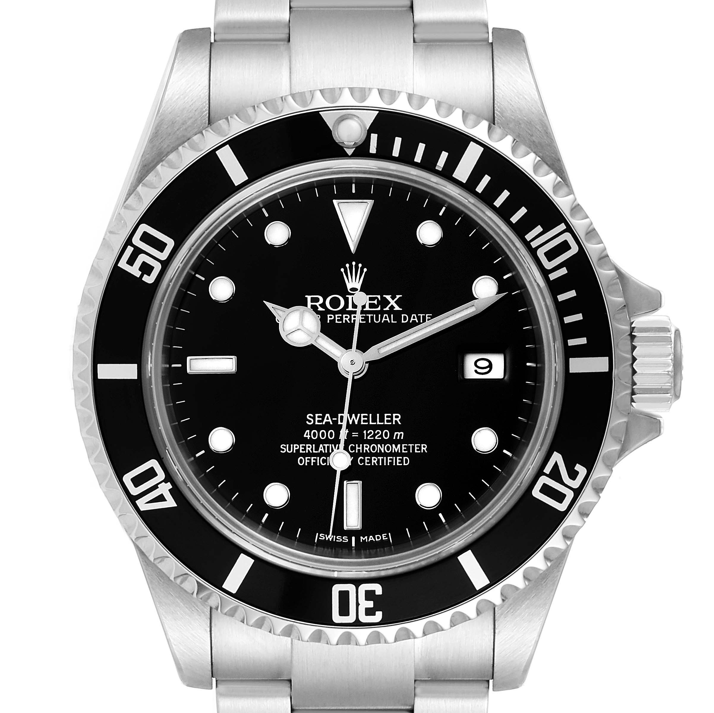 The image shows a front view of a Rolex Sea-Dweller 16600 Men
s Stainless Steel Black Dial 16600 Men
s Stainless Steel Black Dial watch, highlighting its dial, bezel, and bracelet.
