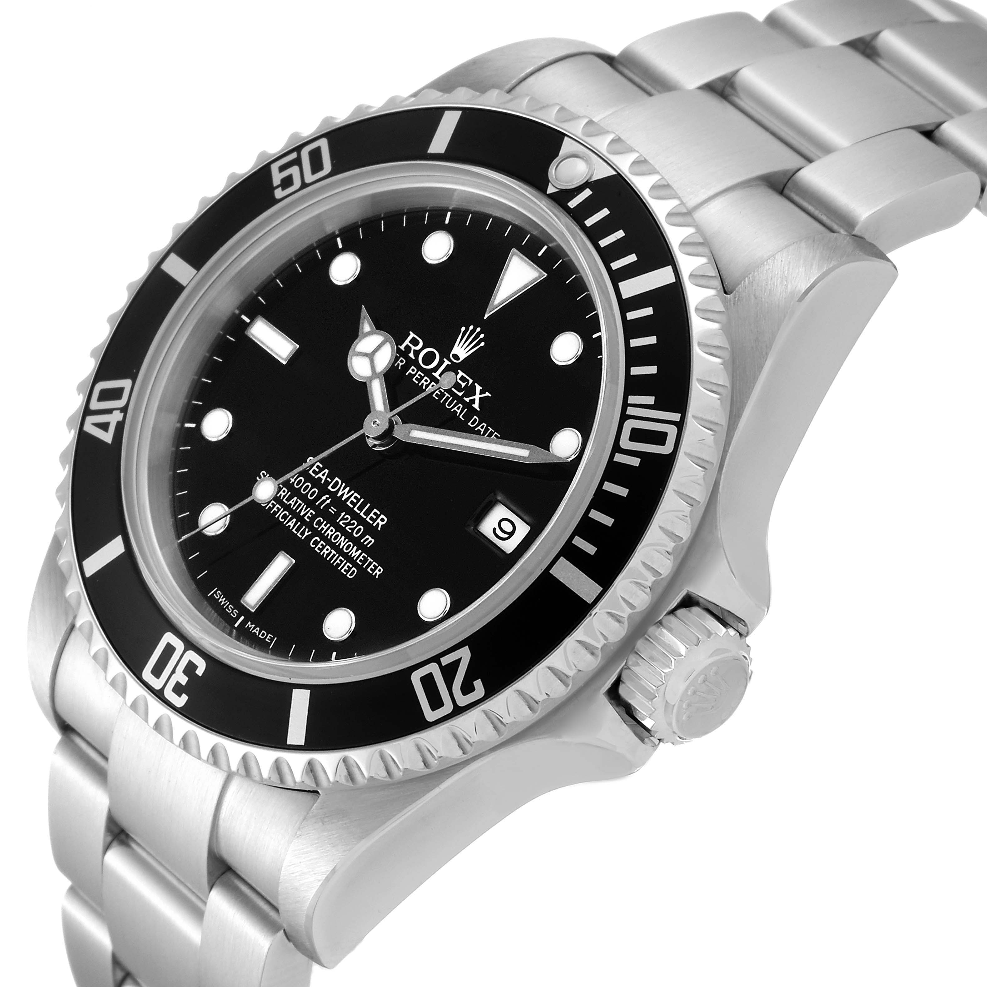 The image shows a Rolex Sea-Dweller 16600 Men
s Stainless Steel Black Dial 16600 Men
s Stainless Steel Black Dial watch from an angled side view, highlighting its dial, bezel, crown, and part of the bracelet.