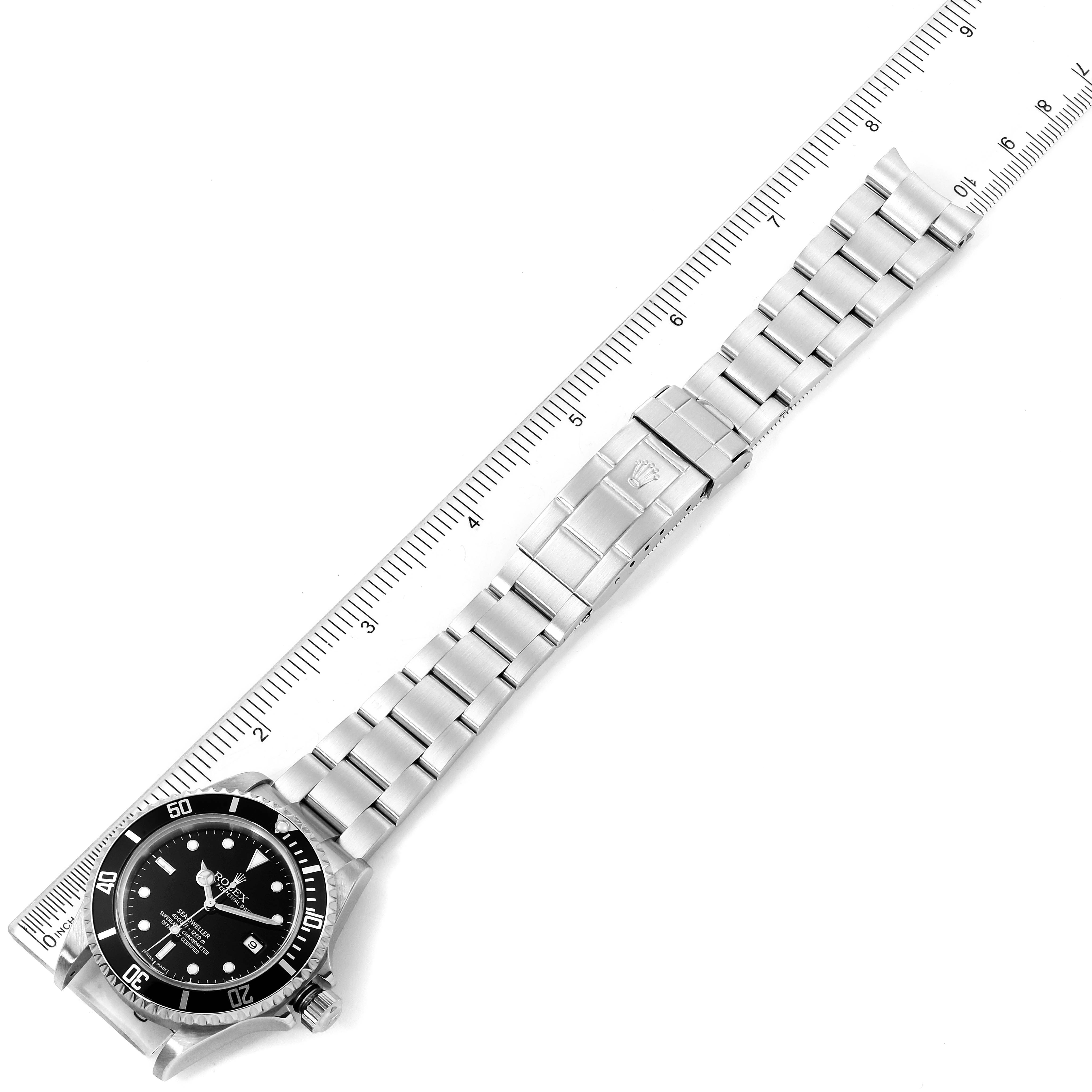 The image shows a full view of the Rolex Sea-Dweller 16600 Men
s Stainless Steel Black Dial 16600 Men
s Stainless Steel Black Dial watch, including its stainless steel bracelet, clasp, and black dial.