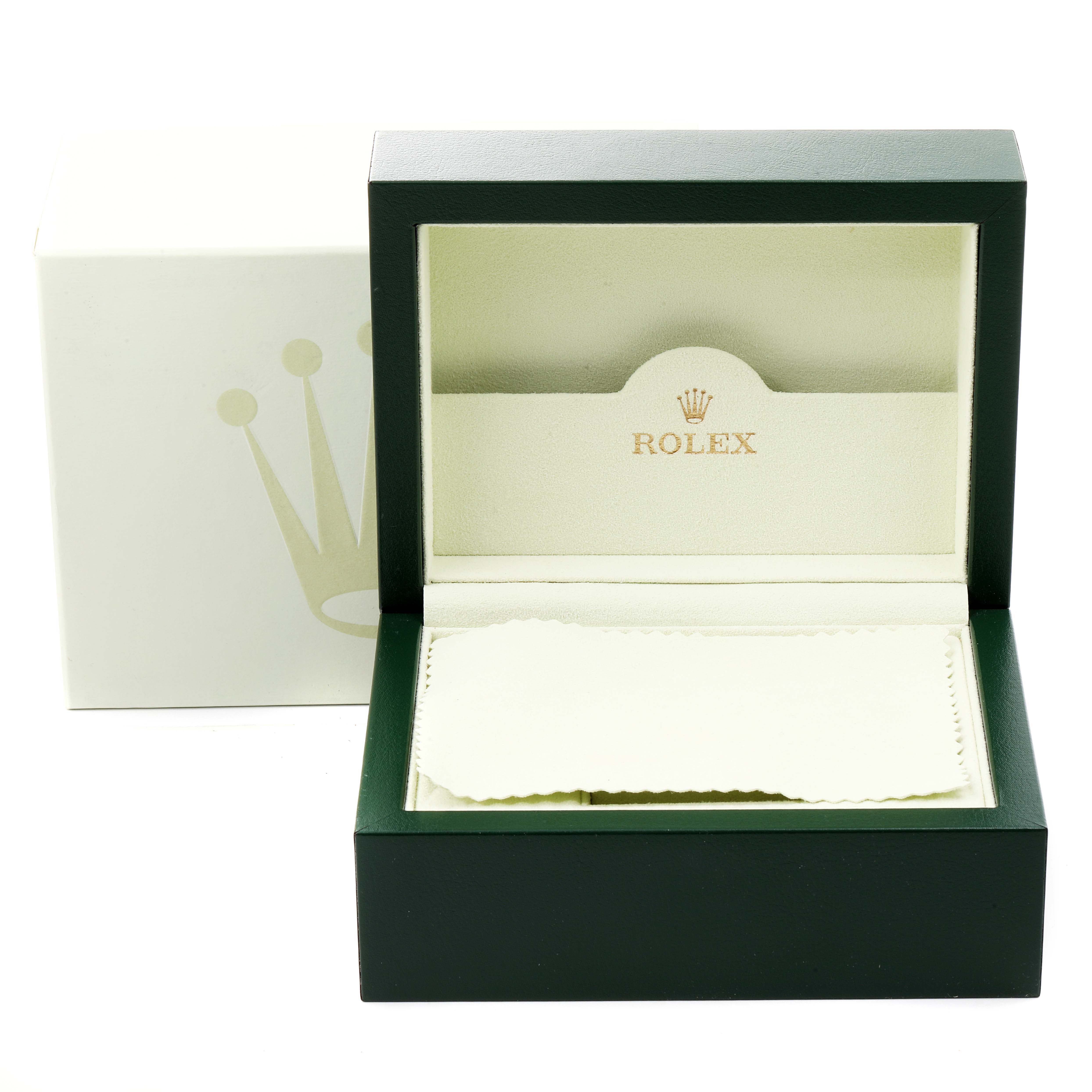 This image shows an open Rolex Sea-Dweller 16600 Men
s Stainless Steel Black Dial 16600 Men
s Stainless Steel Black Dial watch box with inner cushioning and a cloth, photographed from a front angle.