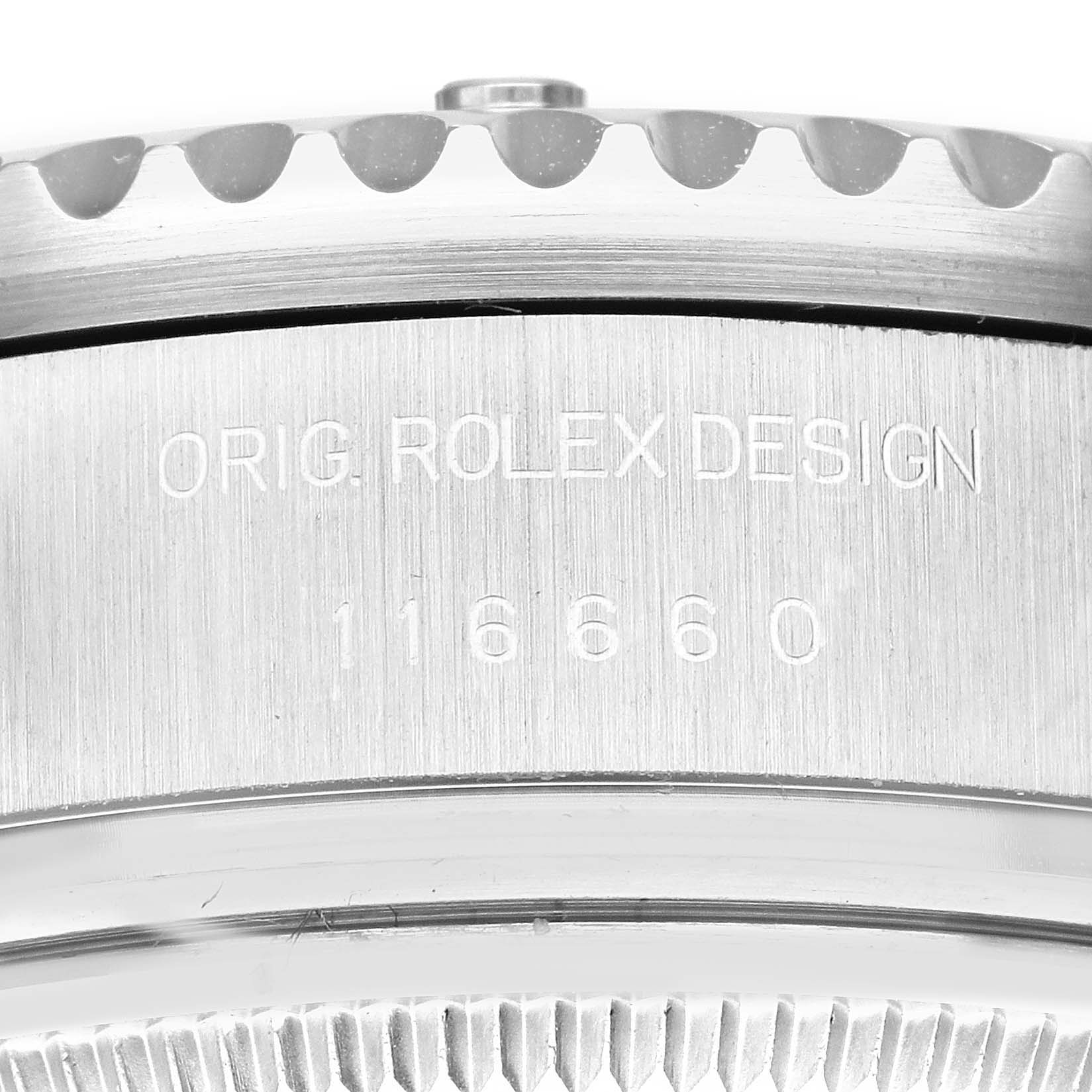 The image shows a close-up of the case back and bezel edge of the Rolex Sea-Dweller 116660 Men
s Stainless Steel Black Dial 116660 Men
s Stainless Steel Black Dial model, highlighting the engraved design details.