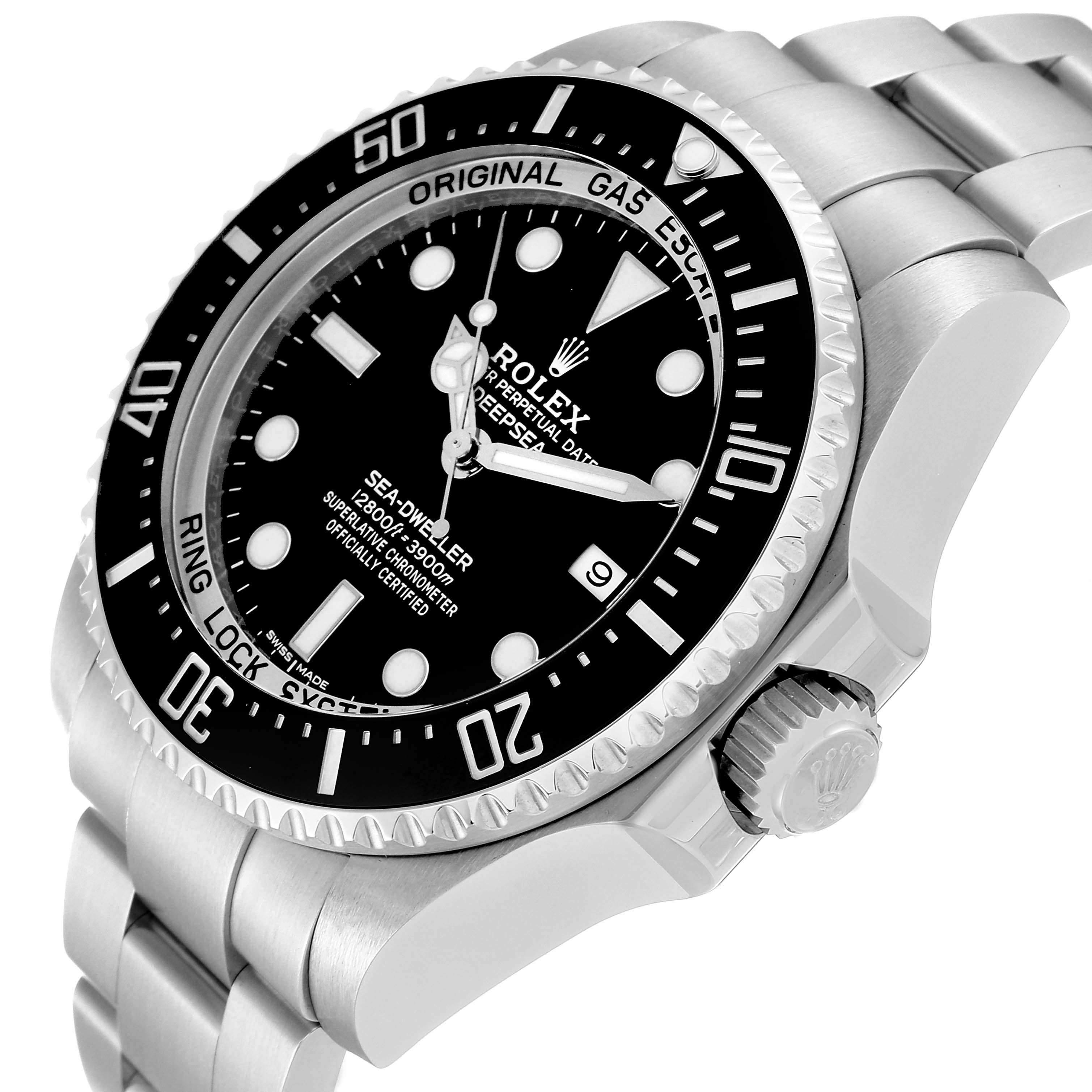 This image shows a Rolex Sea-Dweller 116660 Men
s Stainless Steel Black Dial 116660 Men
s Stainless Steel Black Dial watch viewed from an angle highlighting its face, bezel, crown, and bracelet.