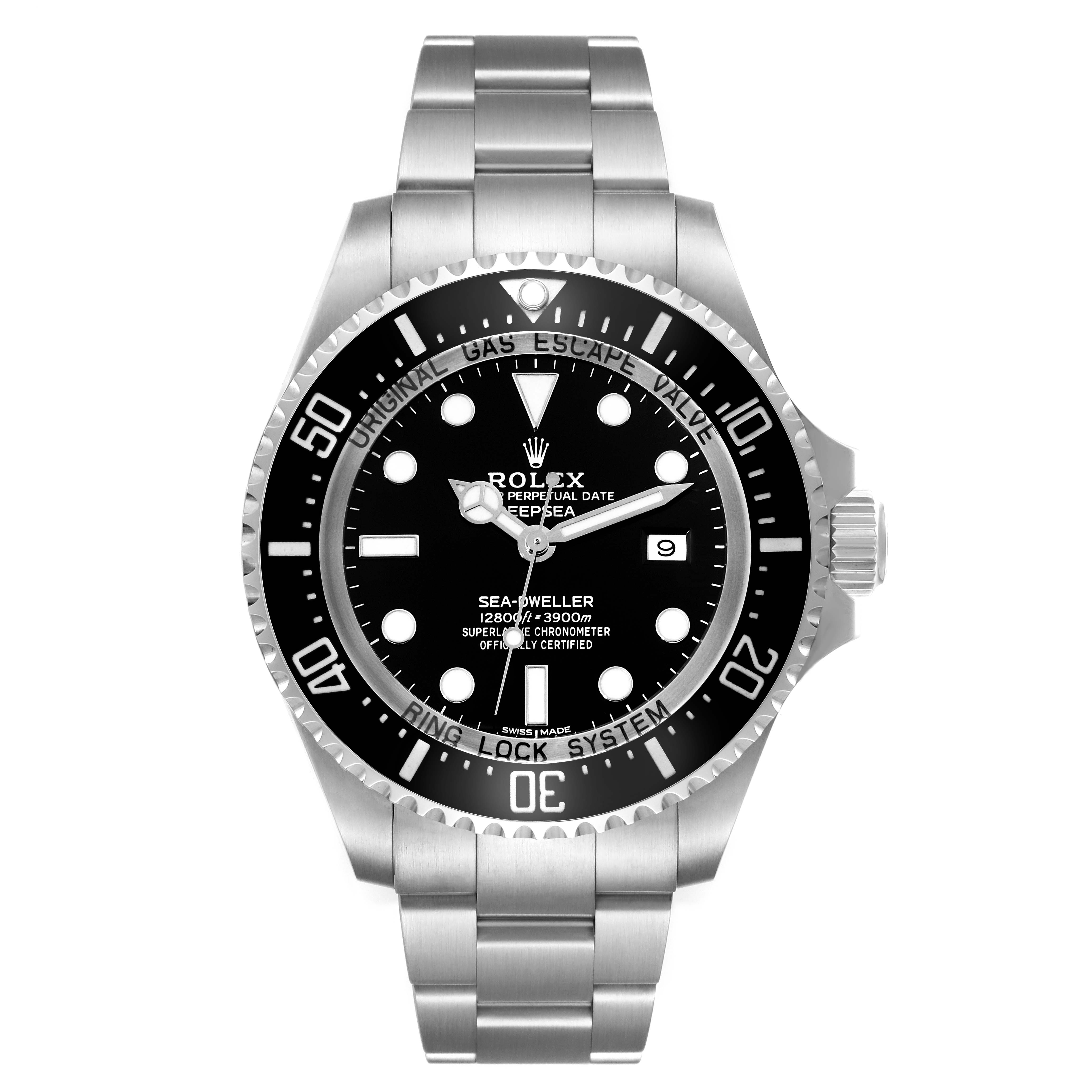 This image shows a front view of the Rolex Sea-Dweller 116660 Men
s Stainless Steel Black Dial 116660 Men
s Stainless Steel Black Dial watch, displaying its dial, bezel, bracelet, and crown.