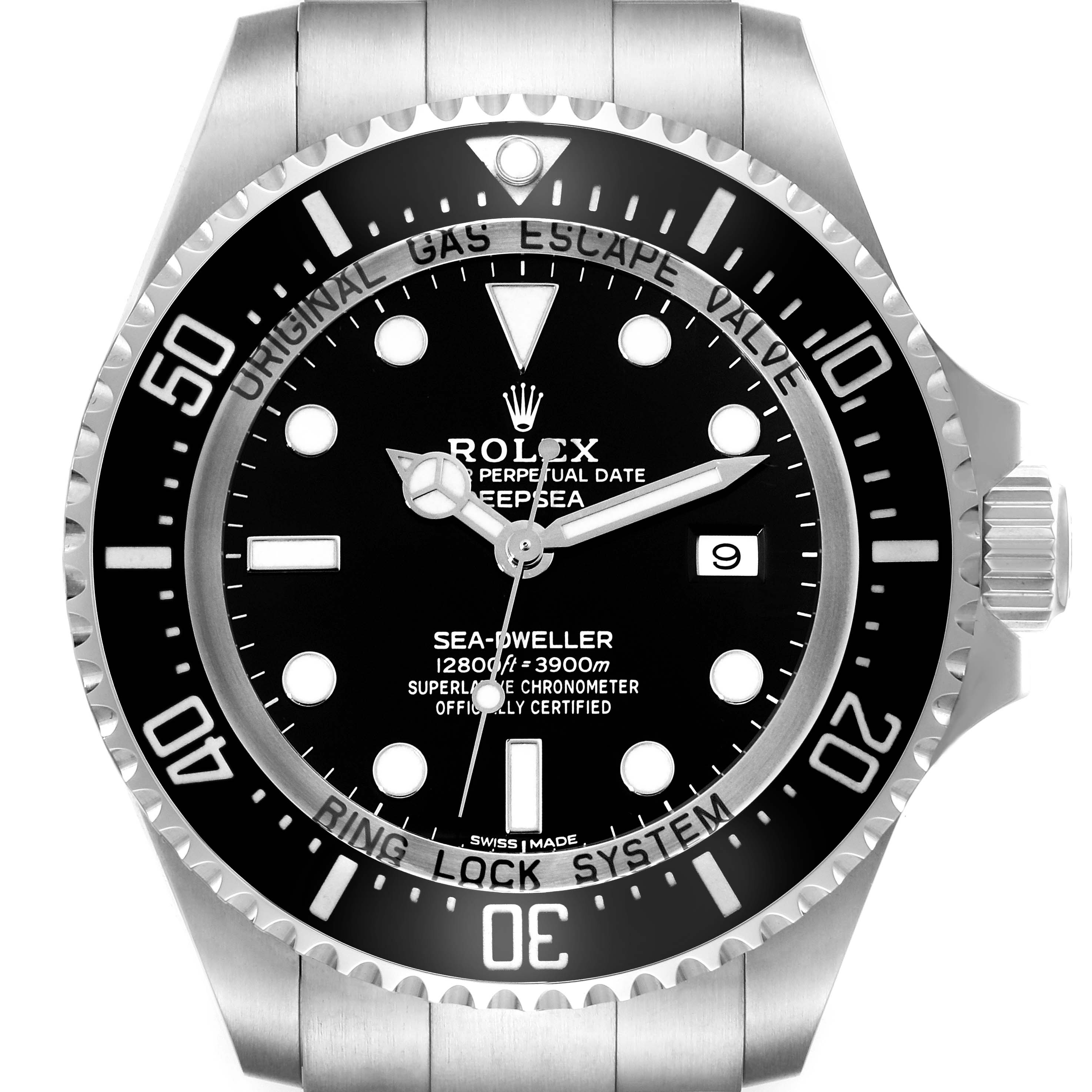 The image shows a frontal view of the Rolex Sea-Dweller 116660 Men
s Stainless Steel Black Dial 116660 Men
s Stainless Steel Black Dial watch, highlighting its bezel, dial, hands, and crown.