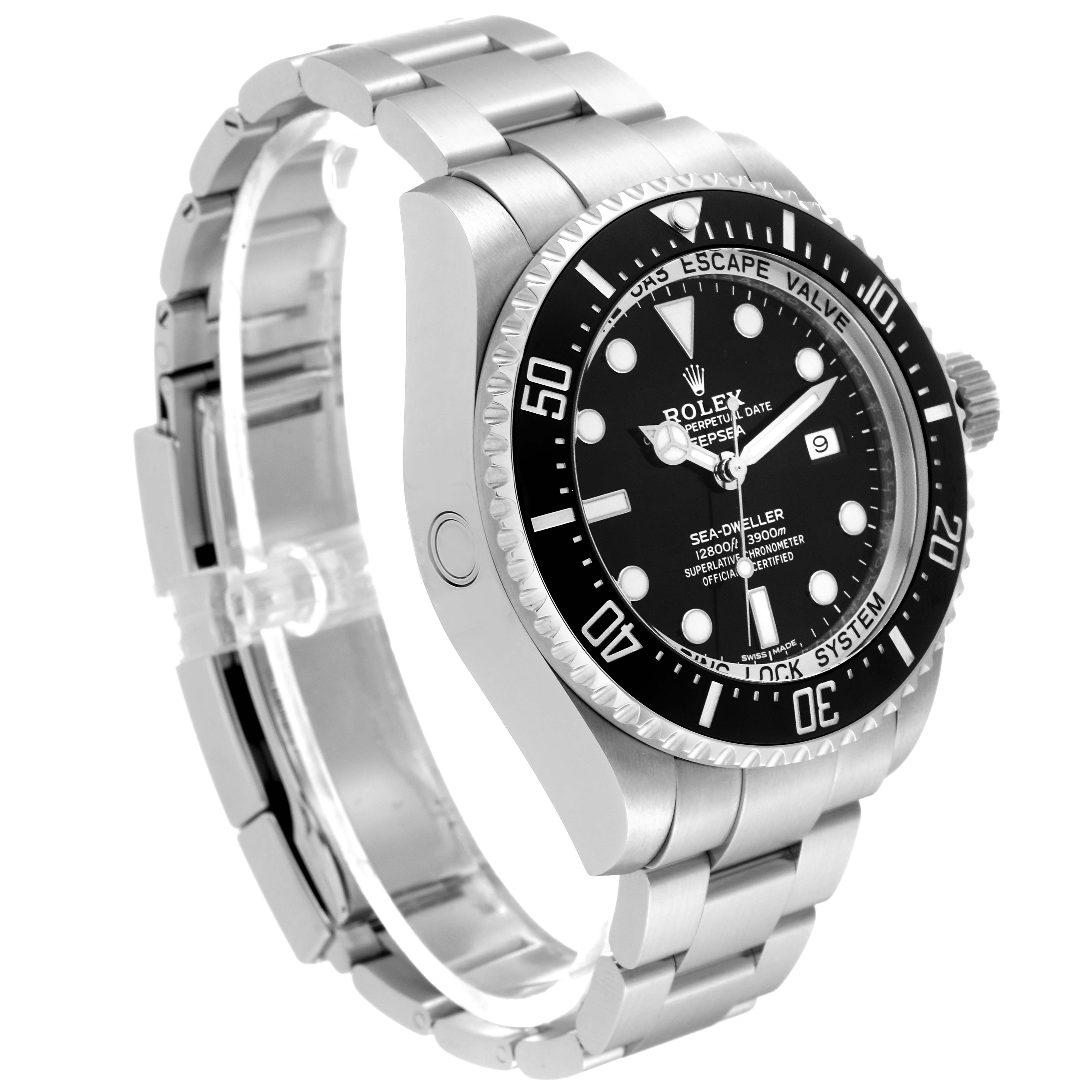 The image shows a side angle view of the Rolex Sea-Dweller 116660 Men
s Stainless Steel Black Dial 116660 Men
s Stainless Steel Black Dial watch, highlighting its dial, bezel, crown, and wristband.