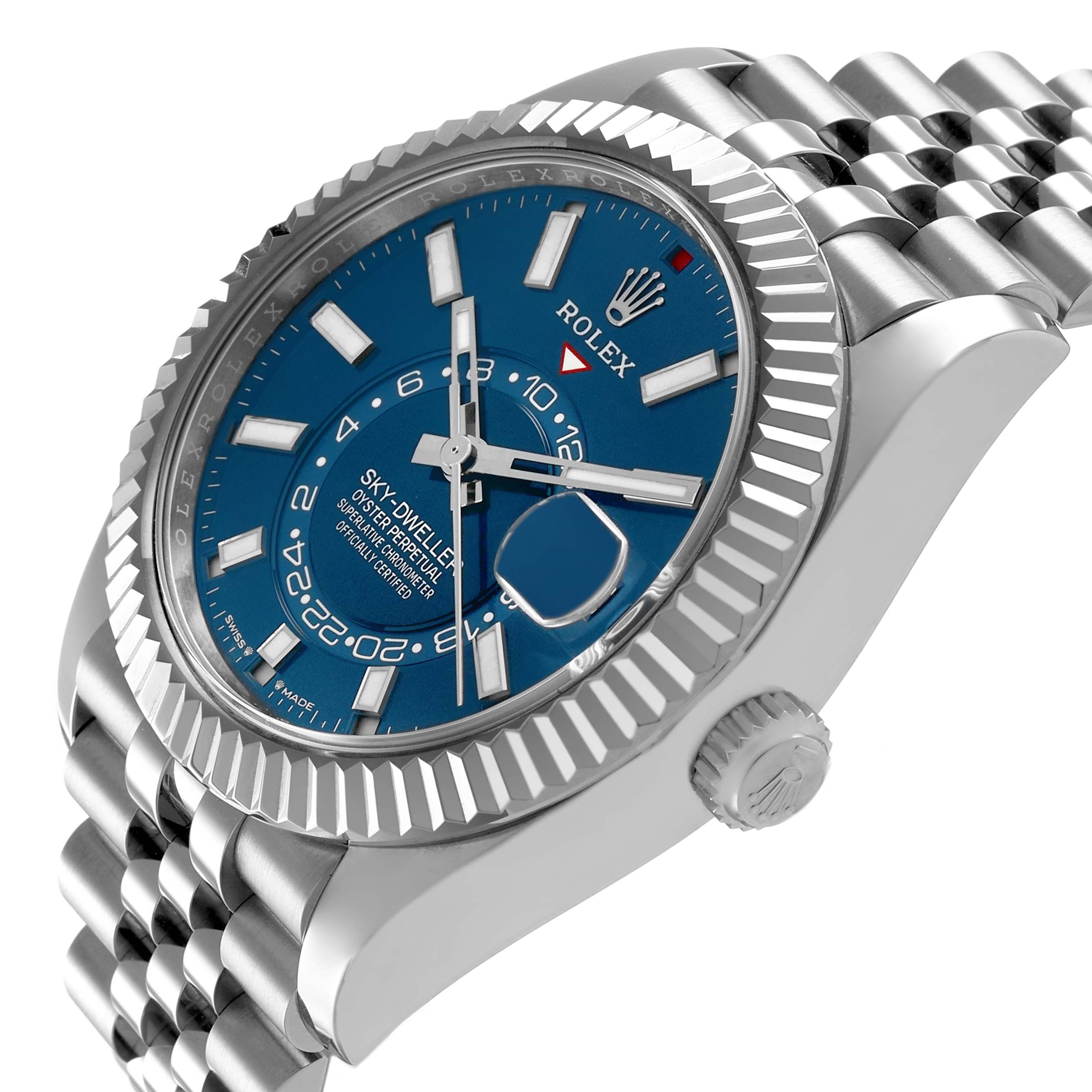 The Rolex Sky-Dweller 336934 Men's Stainless Steel Blue Dial watch is shown at an angled side view highlighting the blue dial, bezel, and part of the bracelet.
