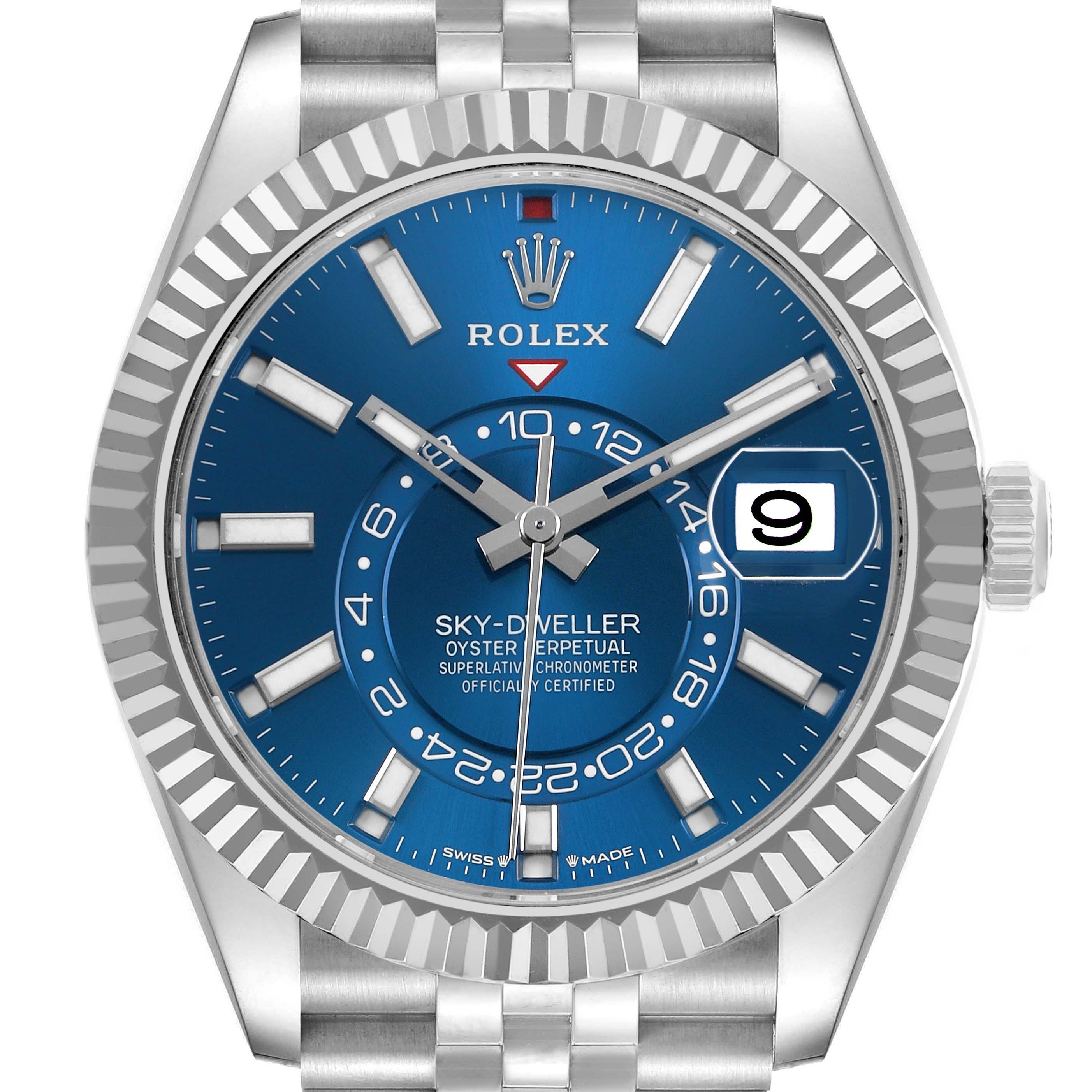 The Rolex Sky-Dweller 336934 Men's Stainless Steel Blue Dial watch is shown from a front angle, highlighting its blue dial, bezel, hands, and date display.