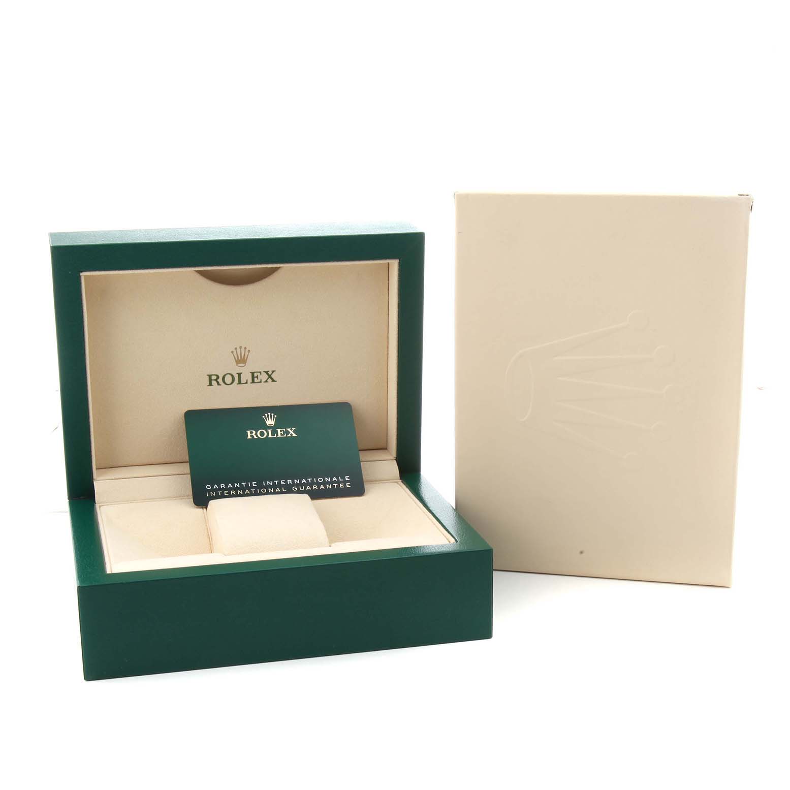 The image shows a Rolex Sky-Dweller 336934 Men's Stainless Steel Blue Dial watch box and international guarantee card from a front angle.