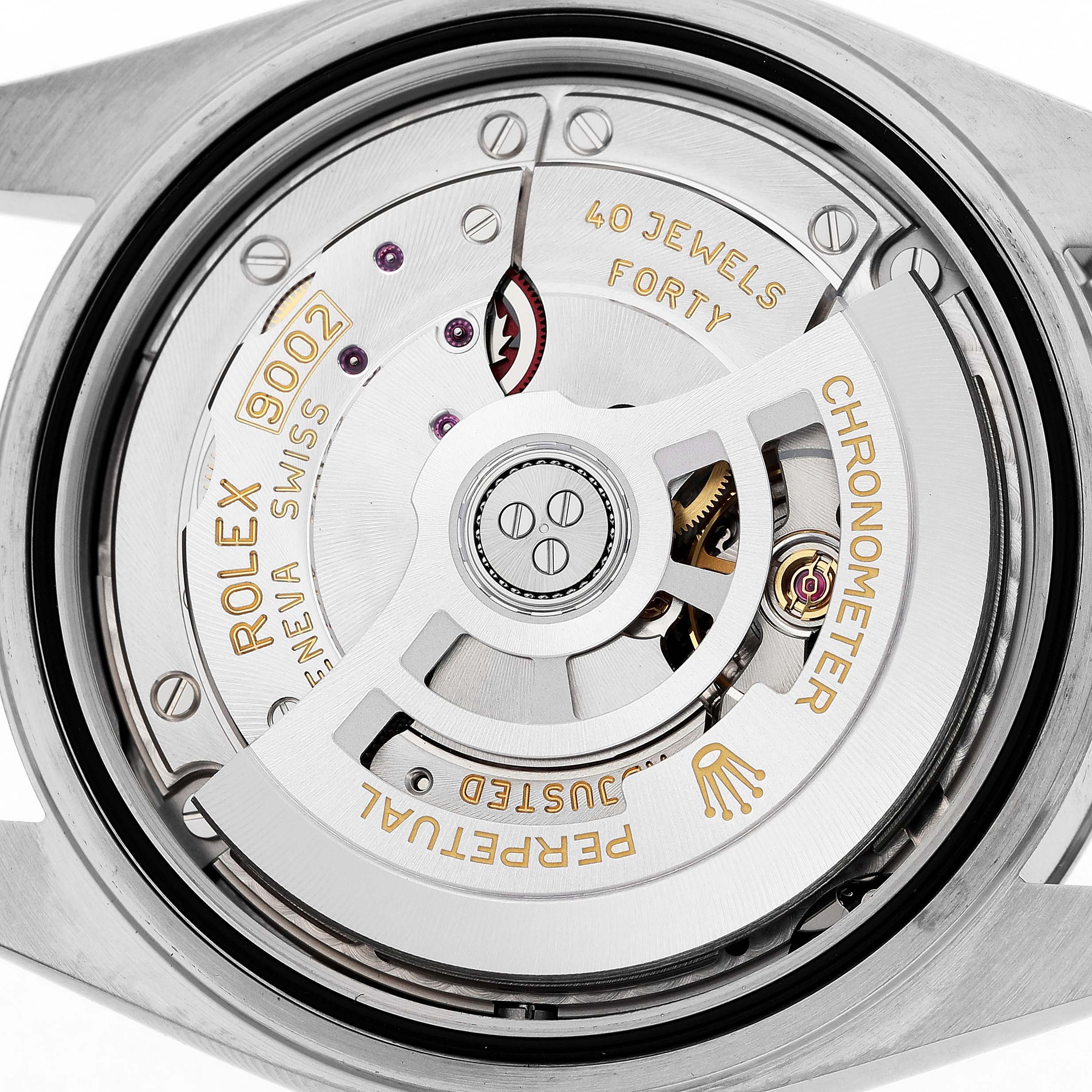 The image shows a close-up of the Rolex Sky-Dweller 336934 Men's Stainless Steel Blue Dial's movement from the back, highlighting its rotor and engravings.