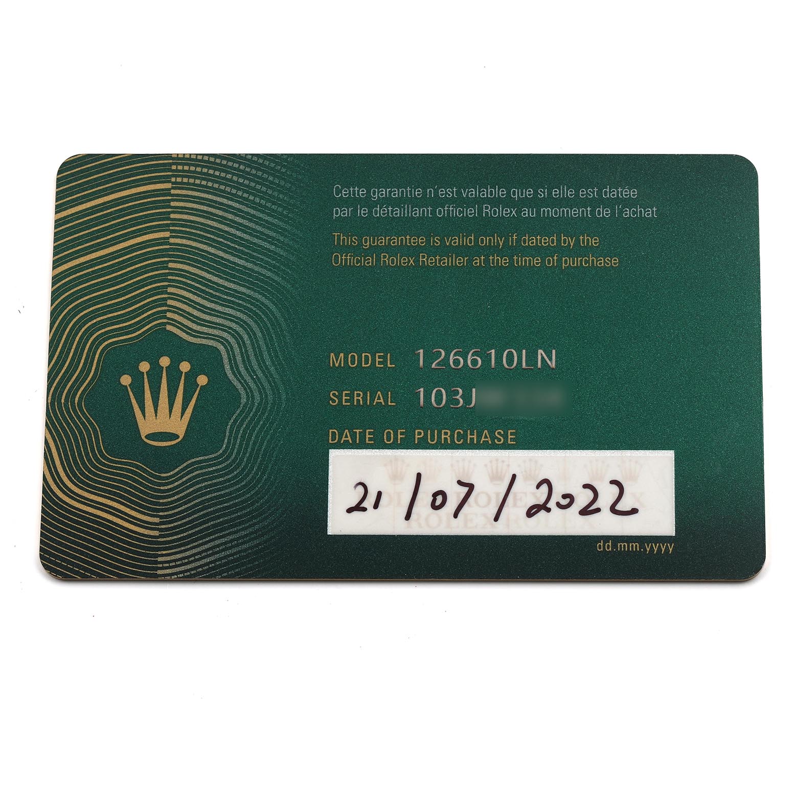 The image shows a Rolex Submariner 126610LN Men's Stainless Steel Black Dial 126610LN Men's Stainless Steel Black Dial model 126610LN warranty card, displaying model, serial number, and purchase date.