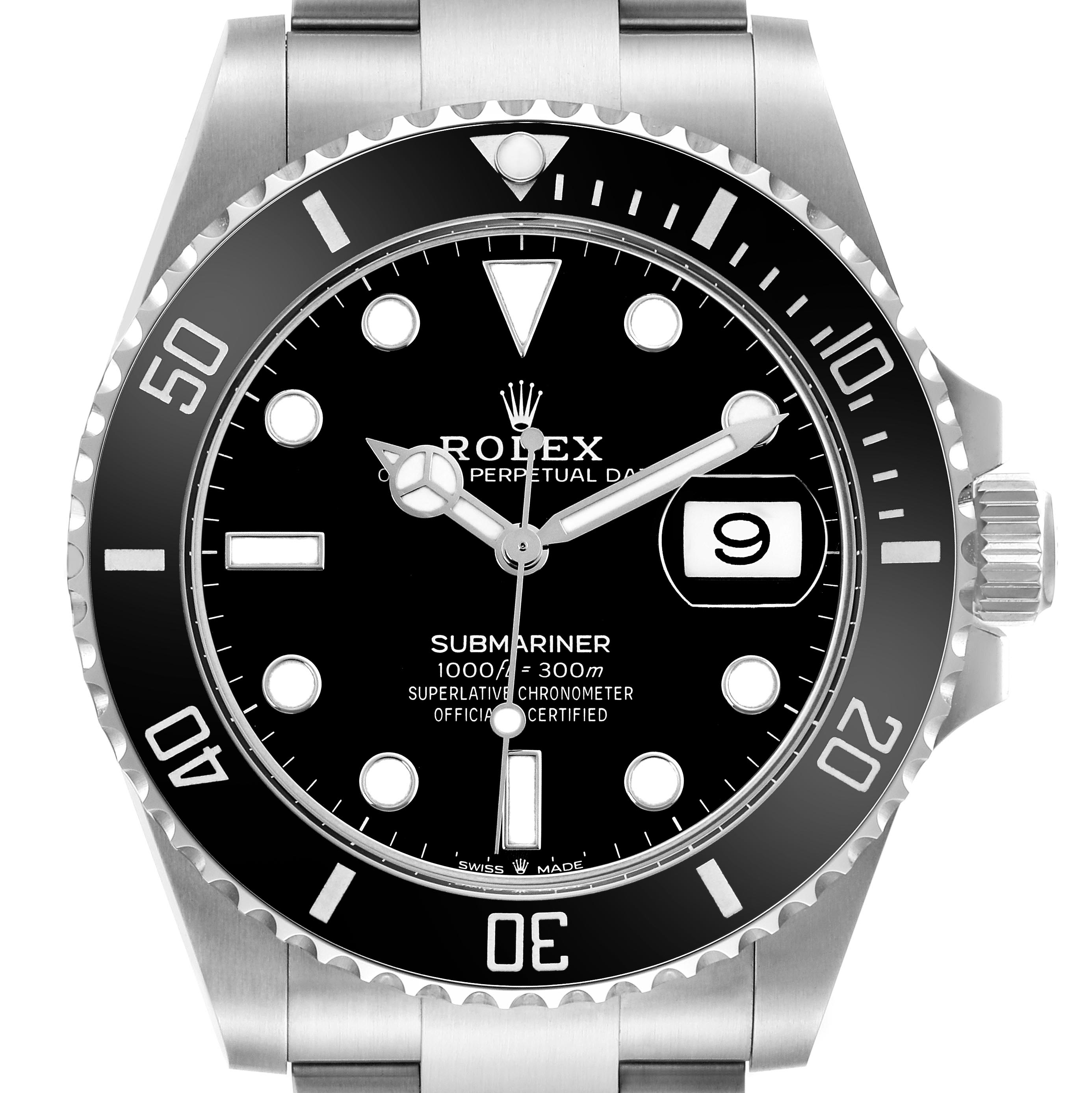 The Rolex Submariner 126610LN Men's Stainless Steel Black Dial 126610LN Men's Stainless Steel Black Dial watch is shown from the front, displaying its bezel, dial, crown, and part of the bracelet.